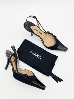 Chanel Vintage Karl Lagerfeld Black Pointed Cap Toe Bow Slingback Heels EU 37