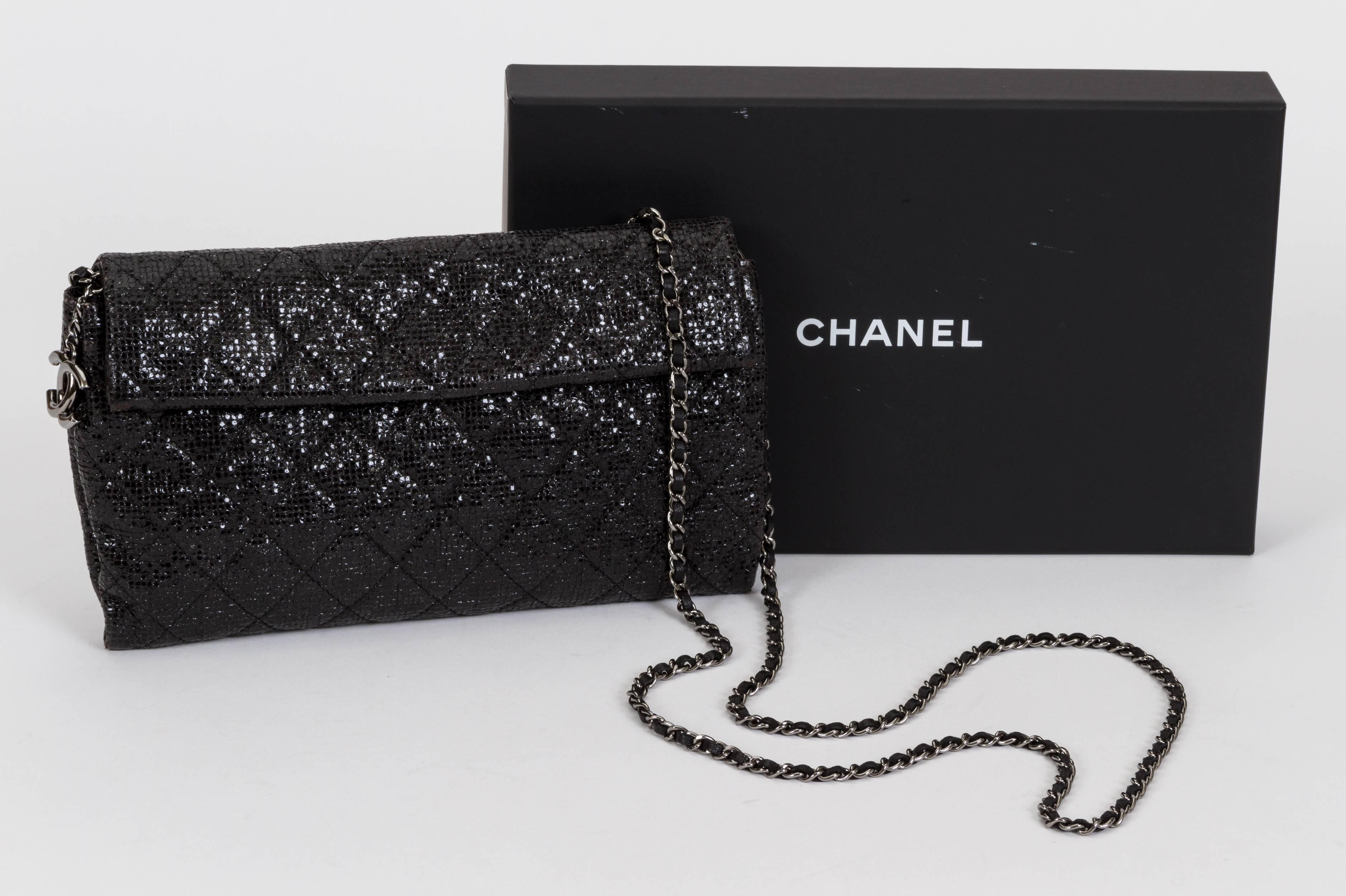 Chanel 2014 limited edition cross body black sequin evening flap. Shoulder drop 26