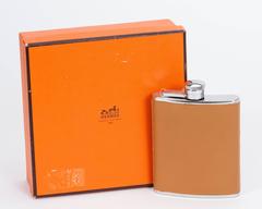 1990's Never Used Hermes Leather Stainless Steel Flask with Box