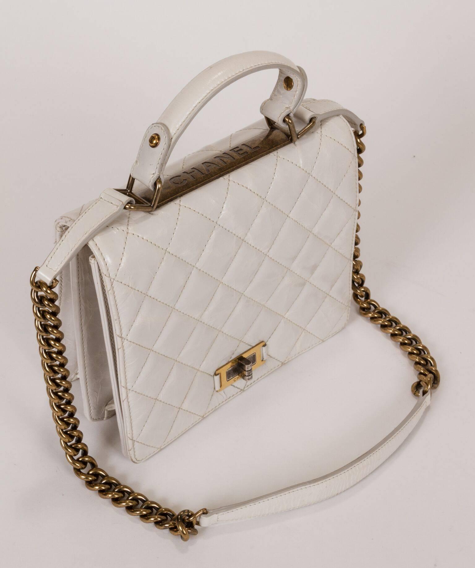 Gray Chanel White Distressed Leather Boy Bag