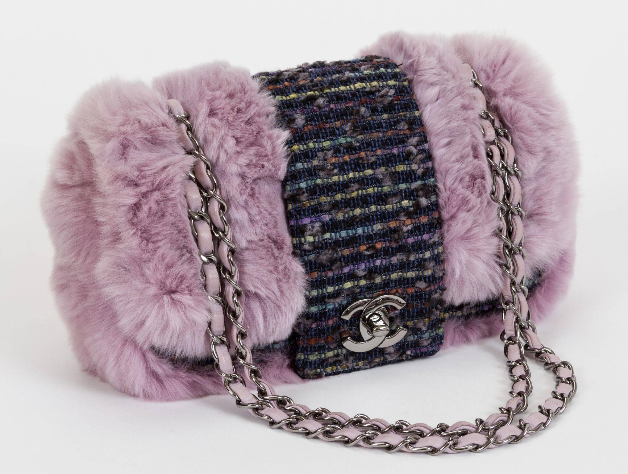 Chanel tweed and glicine lapin single-flap bag. Shoulder strap, 9"L/17"L. Comes with hologram, ID card, and original box.

