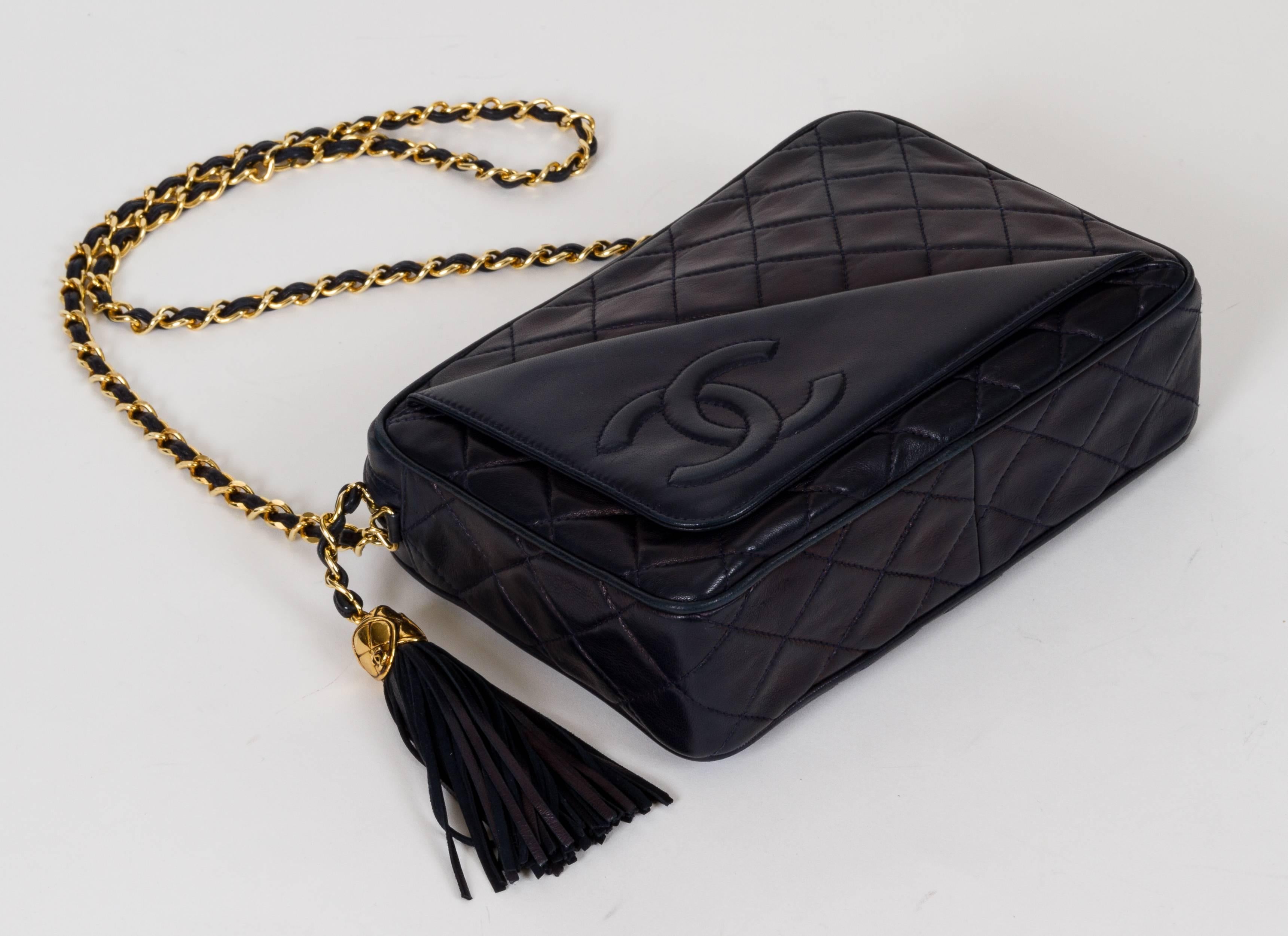 Black Chanel Navy Lambskin Quilted Tassel Camera Bag
