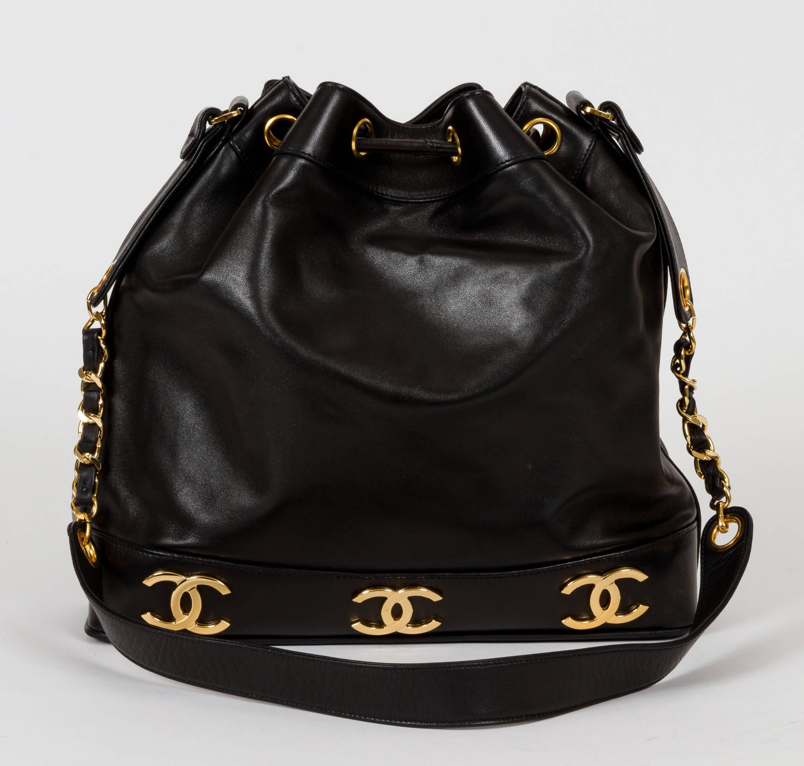 Chanel Black Lambskin Logo Leather Bucket Bag In Good Condition In West Hollywood, CA