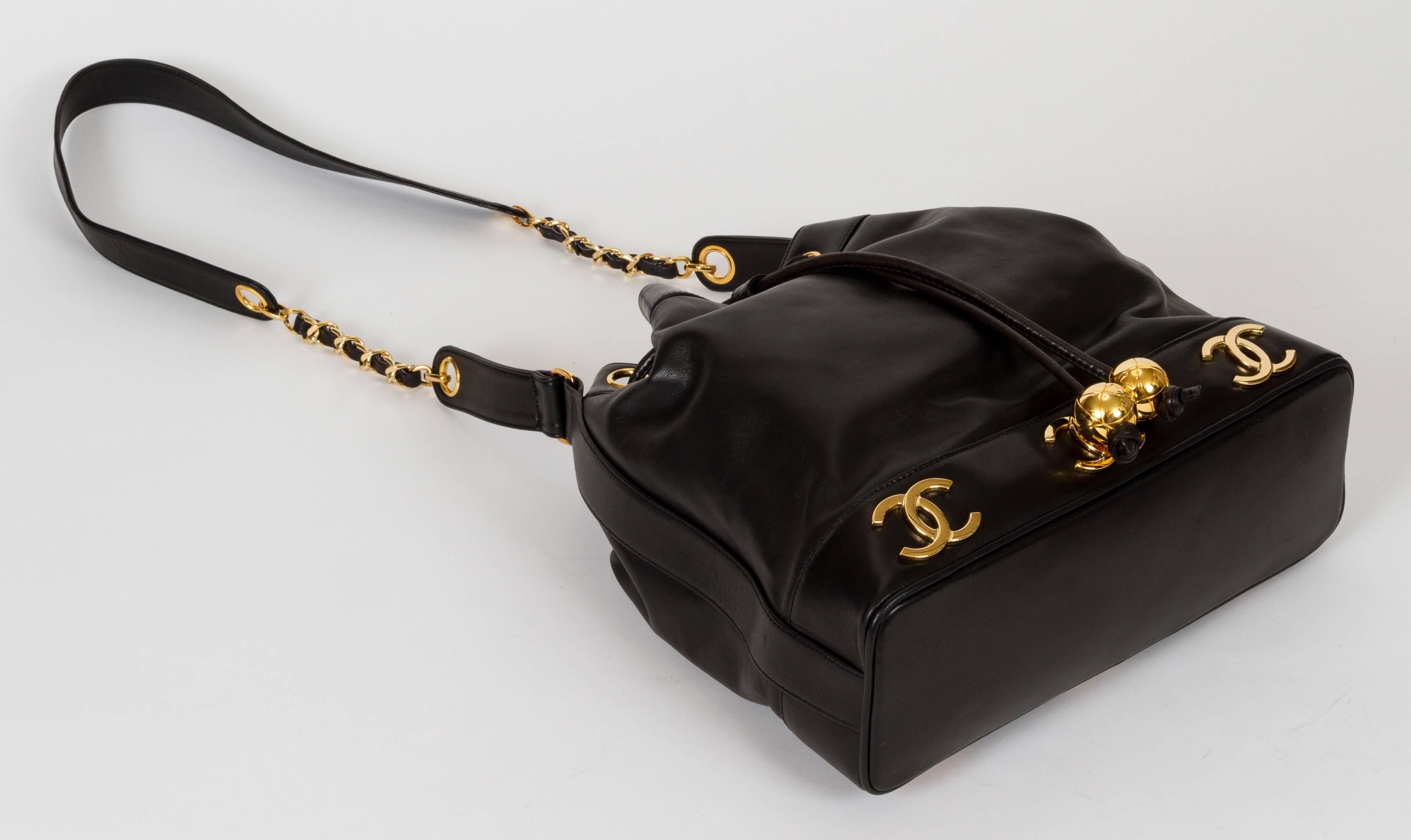 Women's Chanel Black Lambskin Logo Leather Bucket Bag