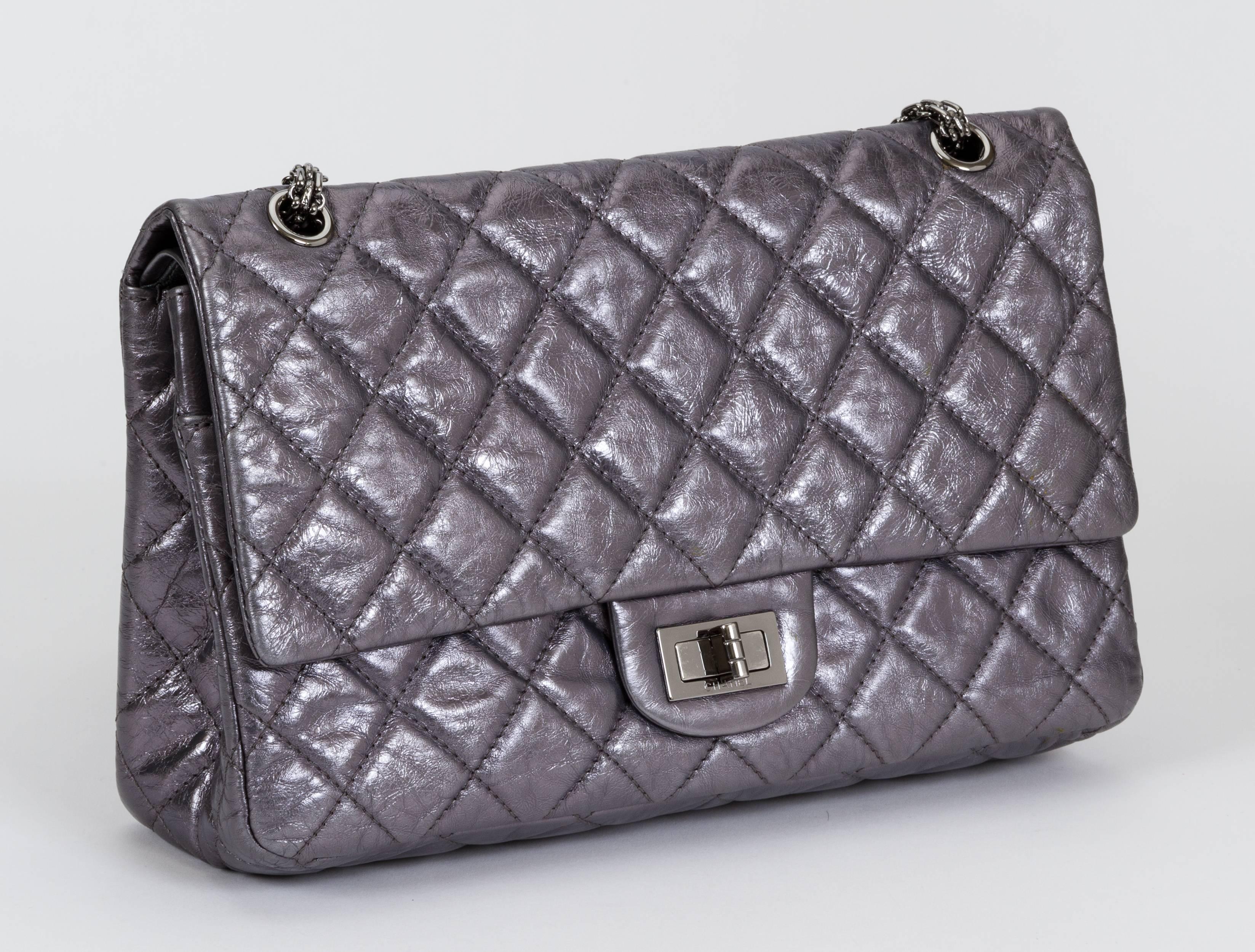 Chanel limited edition metallic reissue jumbo double flap in pewter. Shoulder drop 9.5