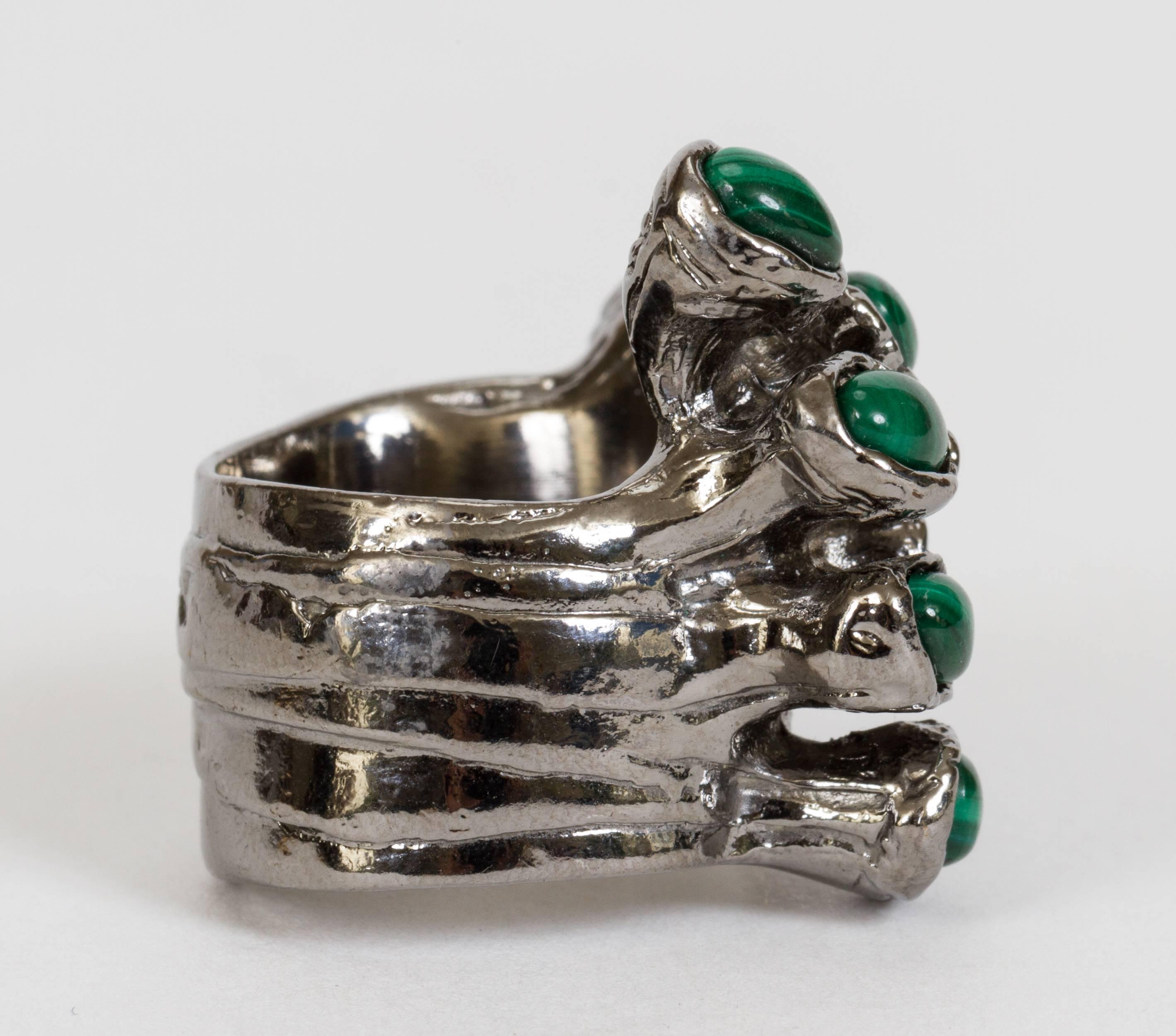 Yves Saint Laurent contemporary Silver-plated malachite ring with wide band. Size: 6.5. Comes in velvet pouch. Minimal wear.