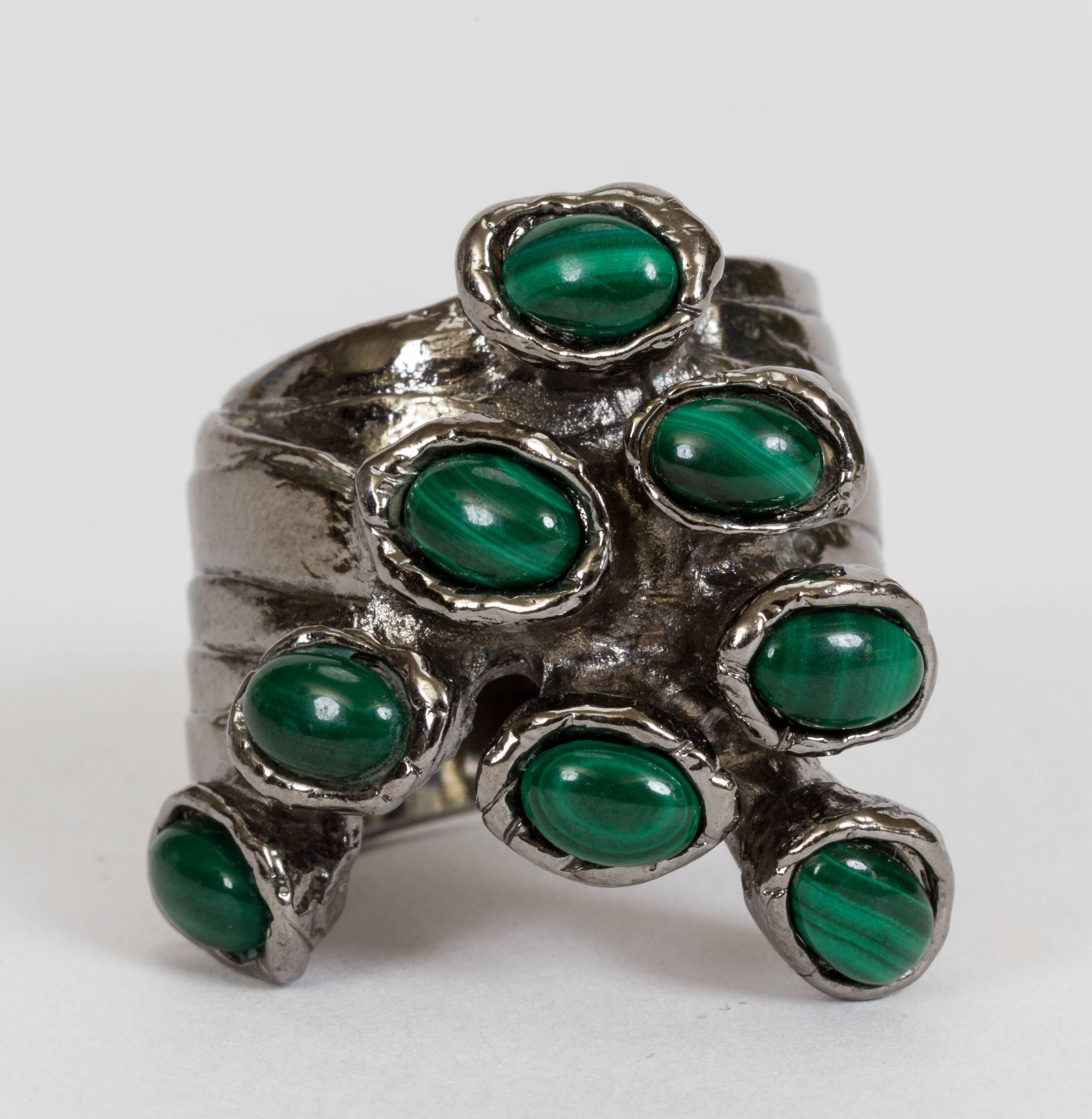 Yves Saint Laurent Silver-Plated Malachite Ring In Good Condition In West Hollywood, CA