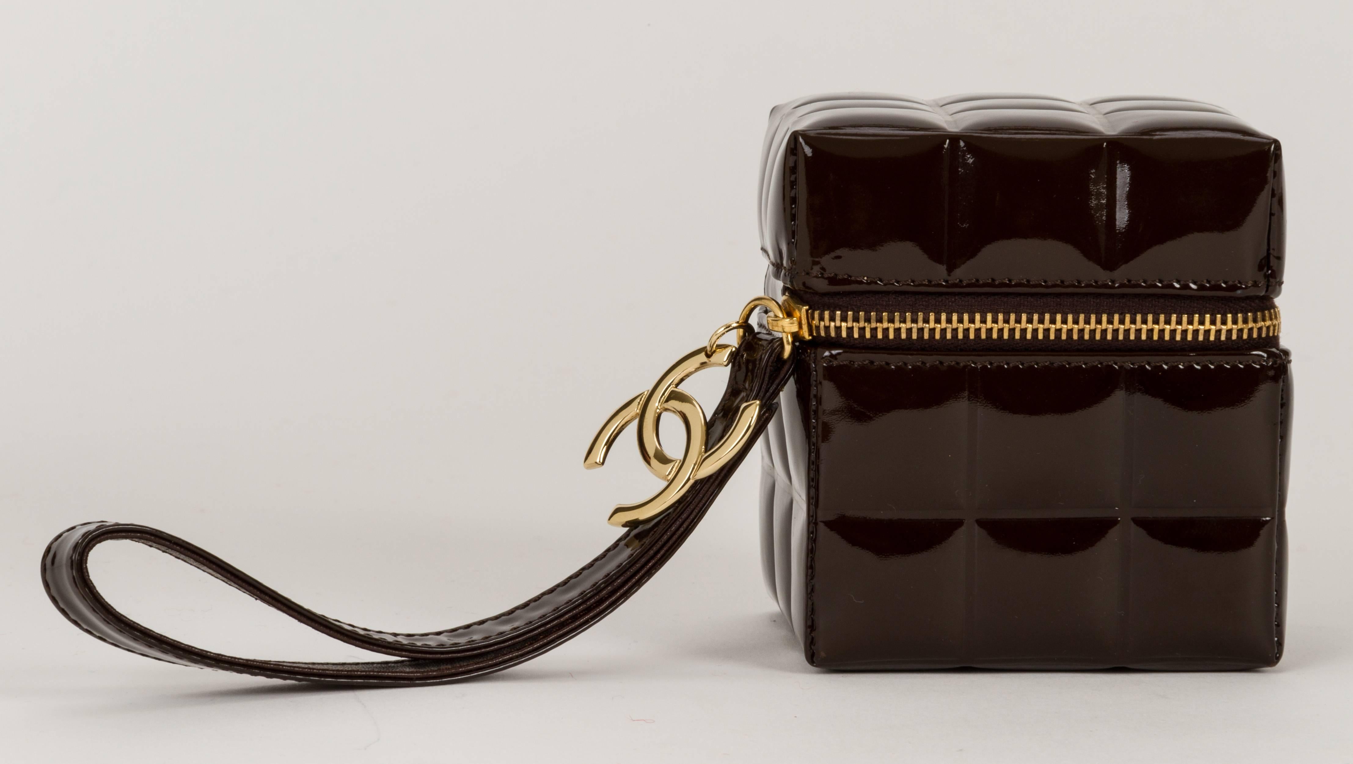 Black Chanel Dark Brown Patent Cube Evening Bag