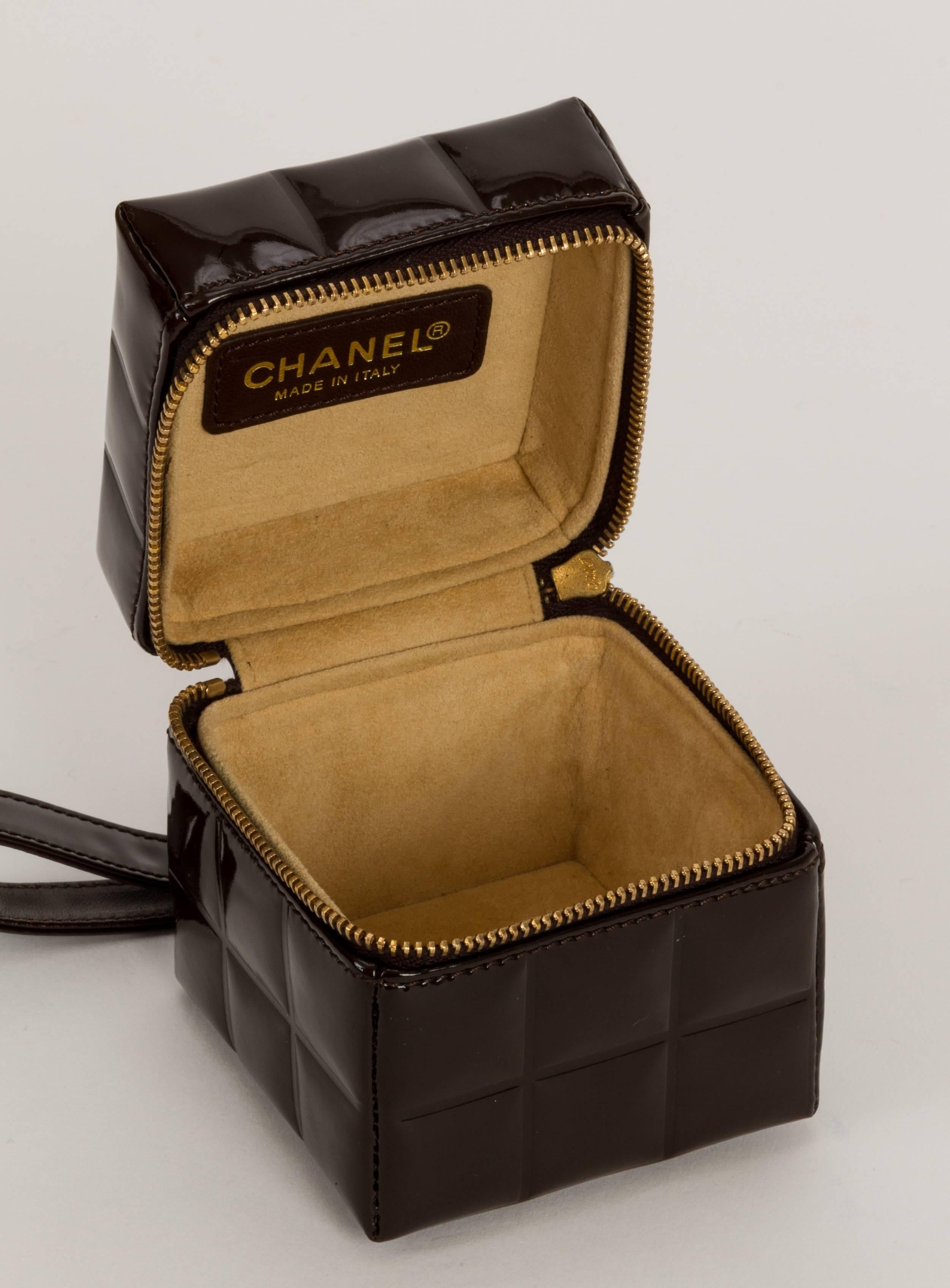 Chanel Dark Brown Patent Cube Evening Bag In Good Condition In West Hollywood, CA