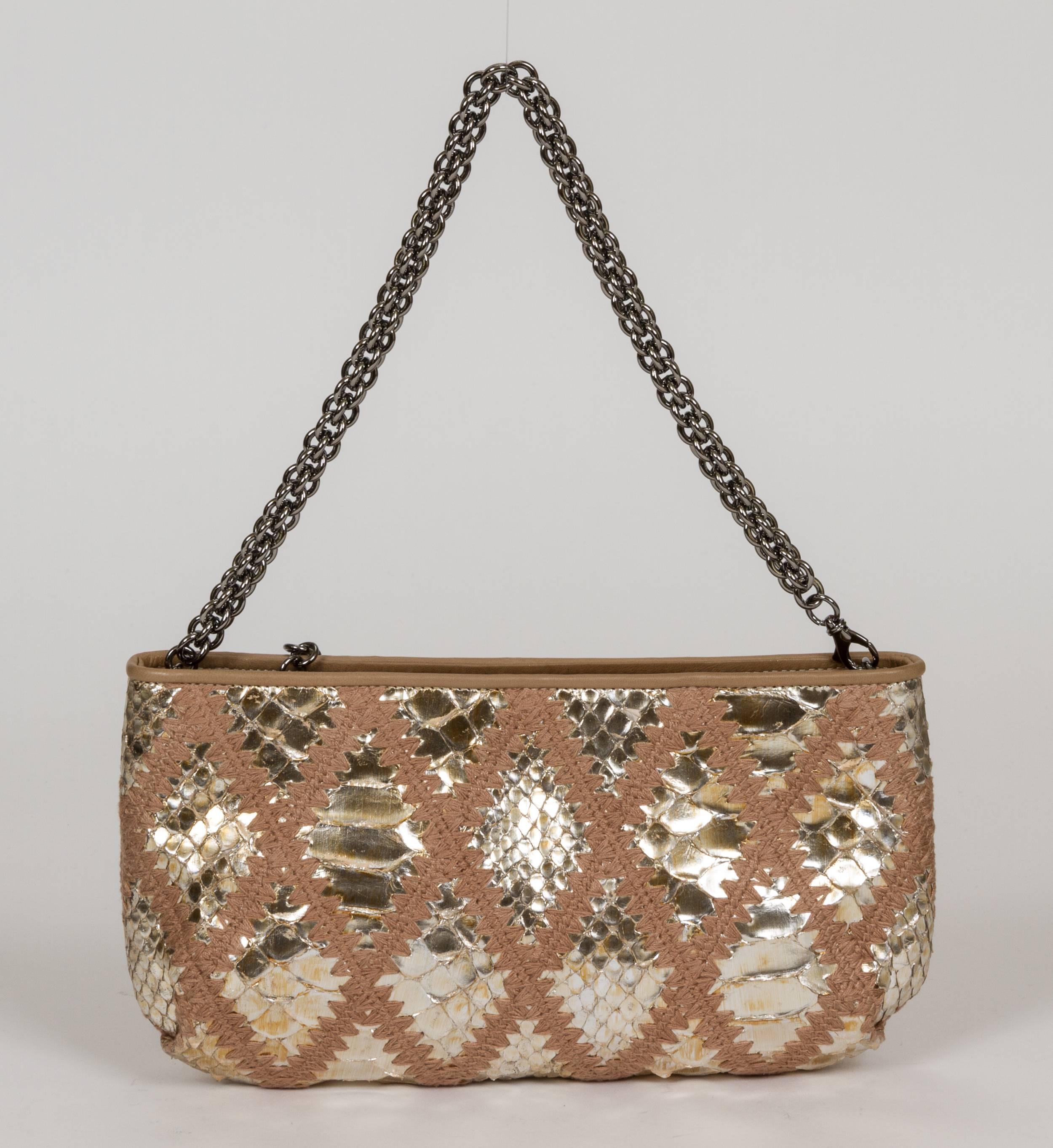Brown Chanel Gold Python Clutch Evening Bag