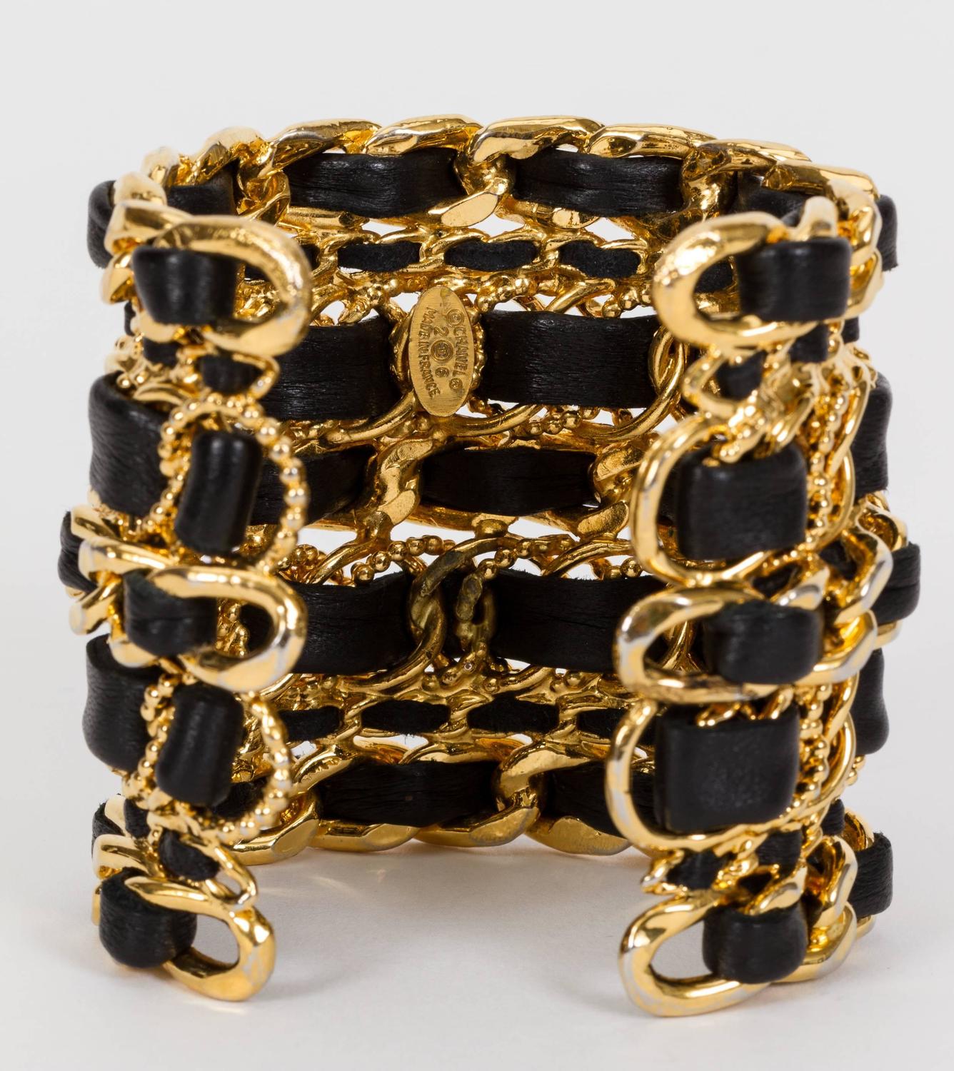 Chanel Rare 1980's Oversized Leather Chain Cuff Bracelet at 1stdibs