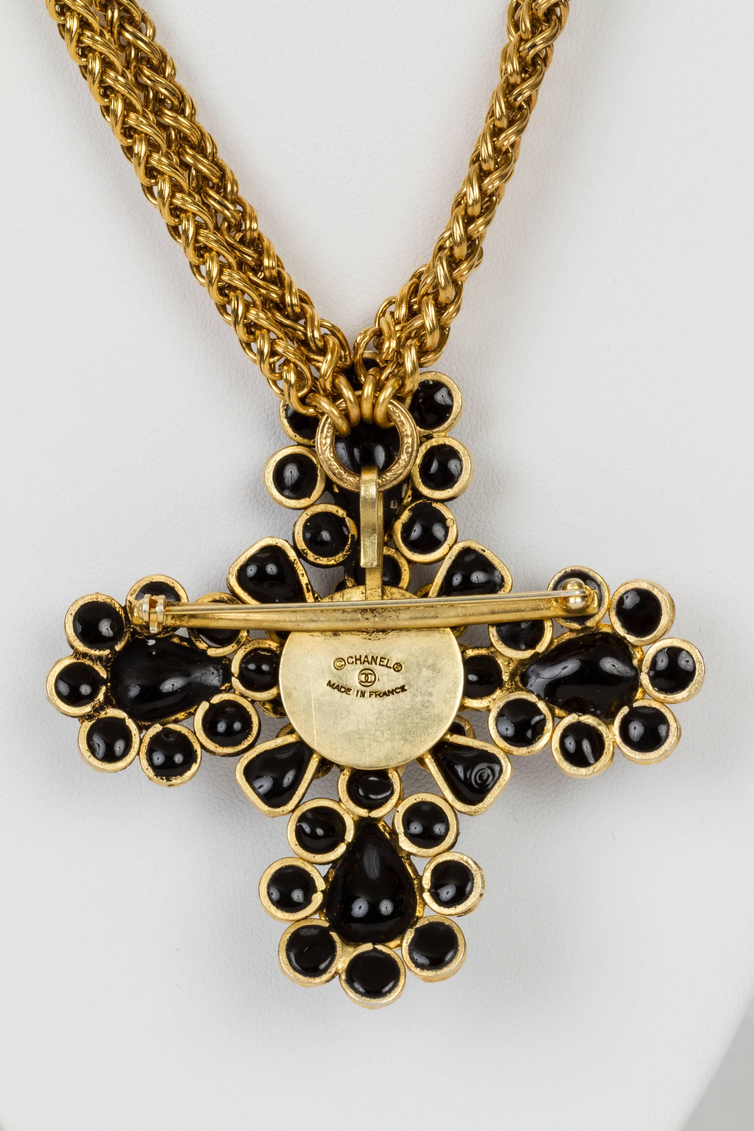 Chanel 80's Black Gripoix Cross Glass Pendant Necklace  In Good Condition In West Hollywood, CA
