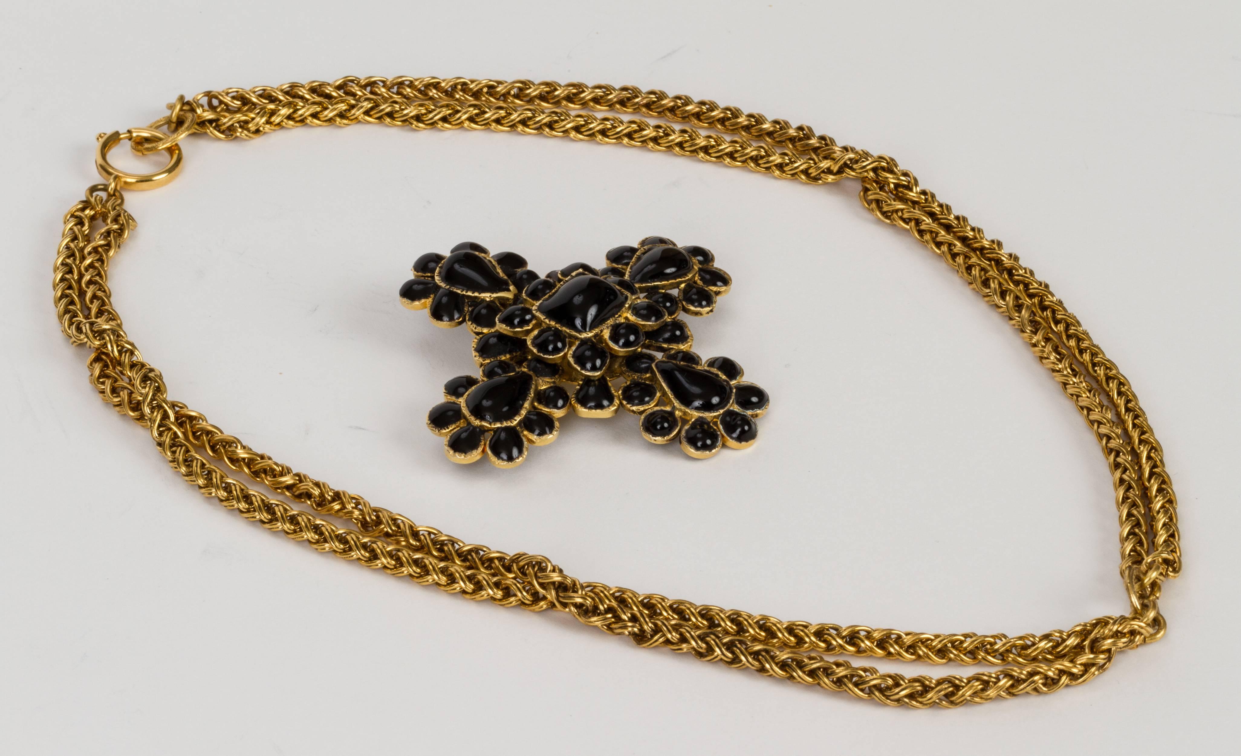 Women's Chanel 80's Black Gripoix Cross Glass Pendant Necklace 
