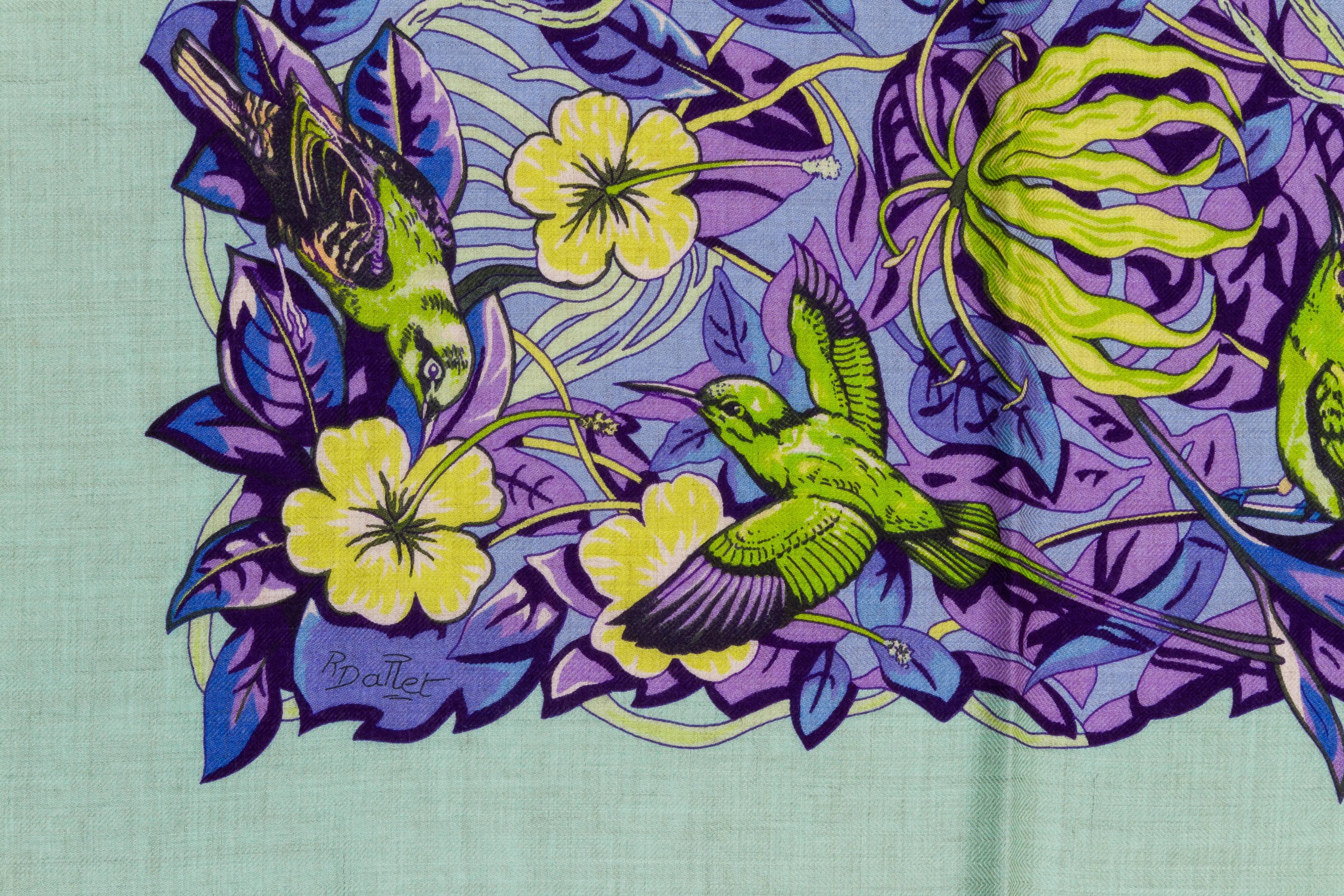 Rare Hermès Dallet designer cashmere oversize scarf with Cheetah jungle scene in seafoam green, purples and periwinkle. 54