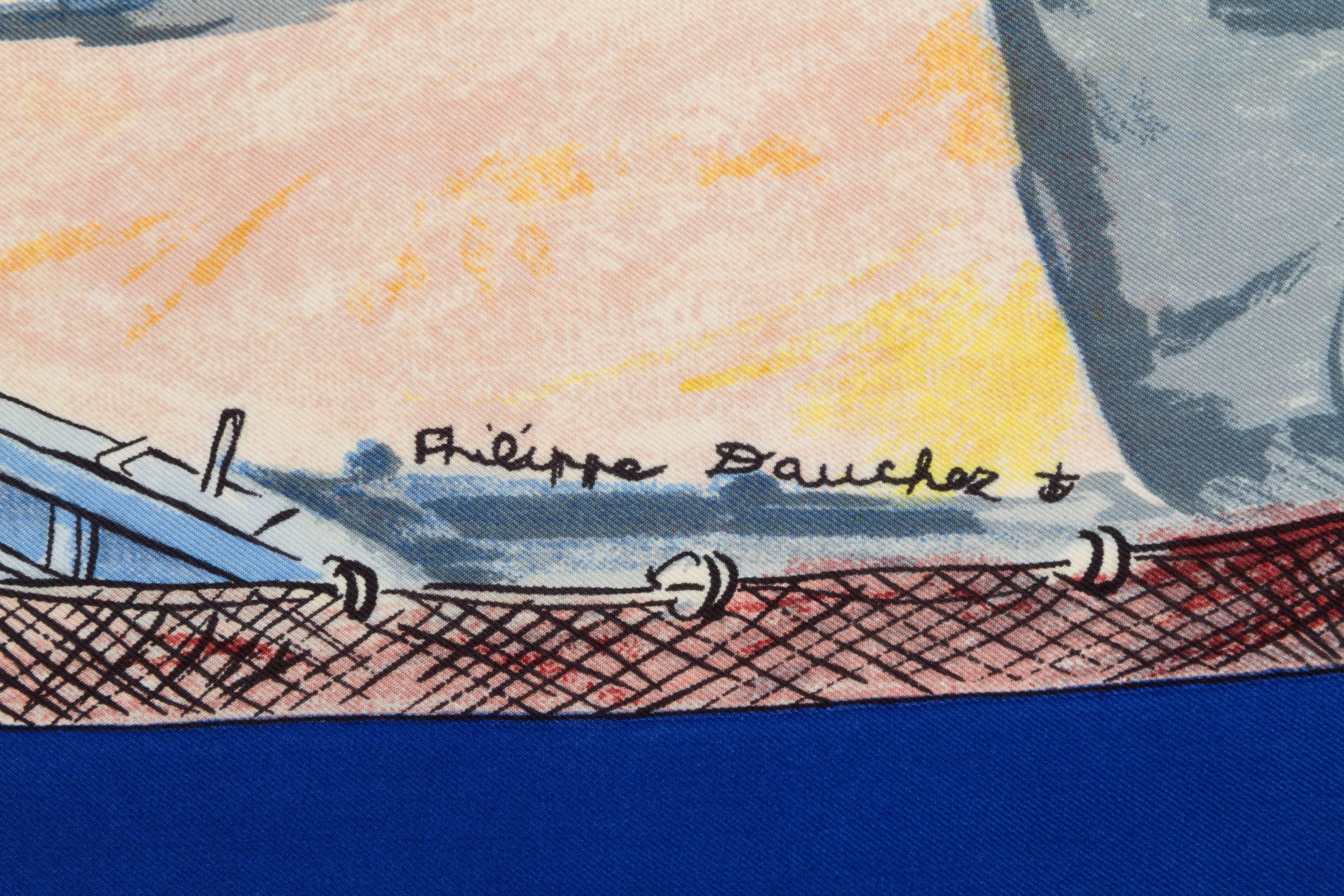 Hermes 100% silk twill Barcarolle scarf designed by French artist,  Philippe Dauchez. Original issue date was 1950's. Hand rolled edges. Does not include box. Great condition with minor wear. 