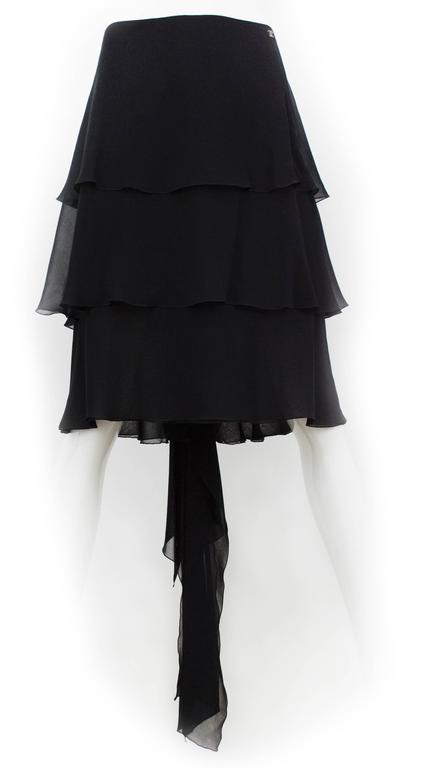 Chanel CC Logo Chiffon Silk Maxi Asymmetrical Skirt Black