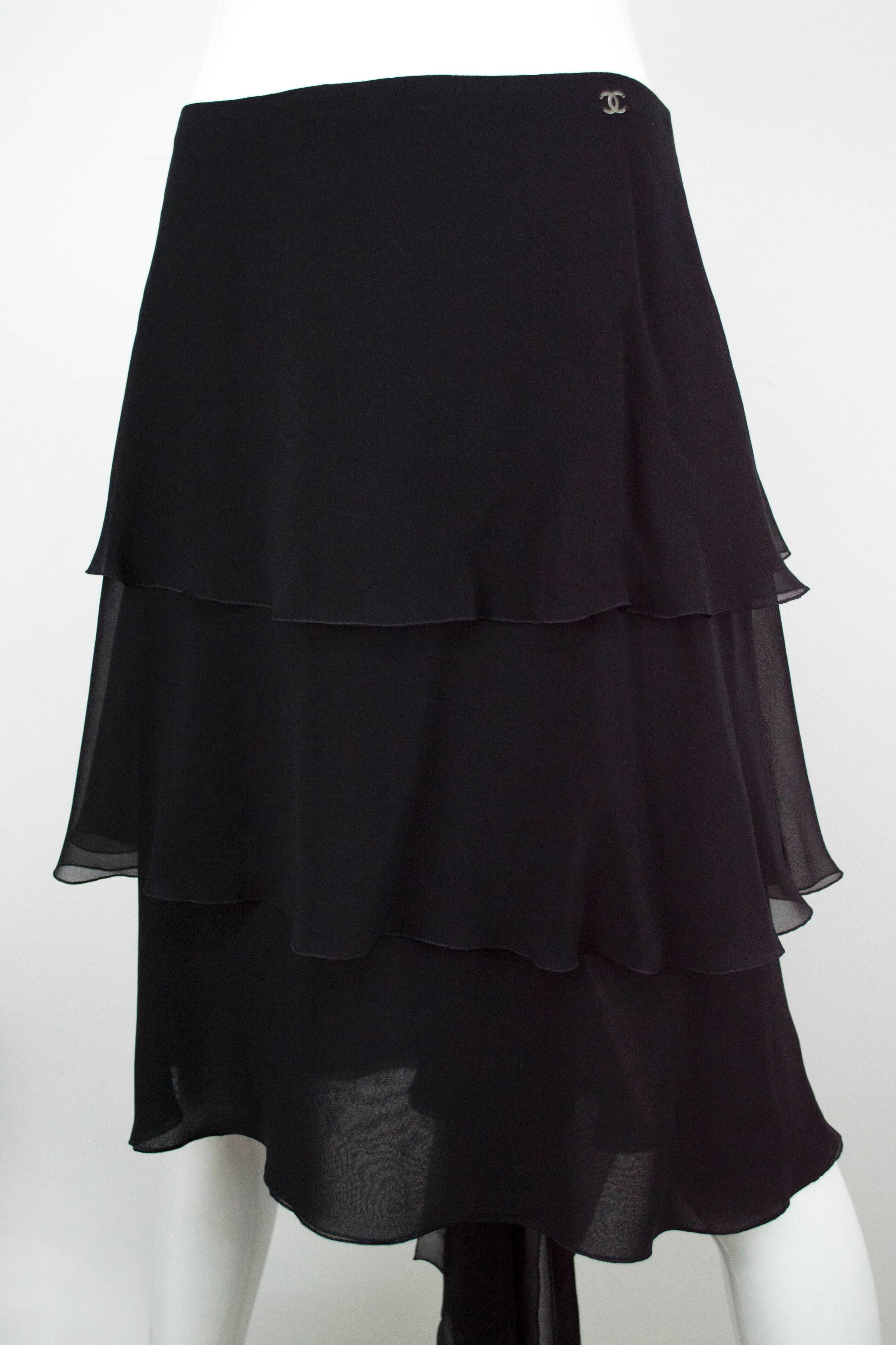 Women's Chanel Black Chiffon Ruffle Train Skirt 38 For Sale