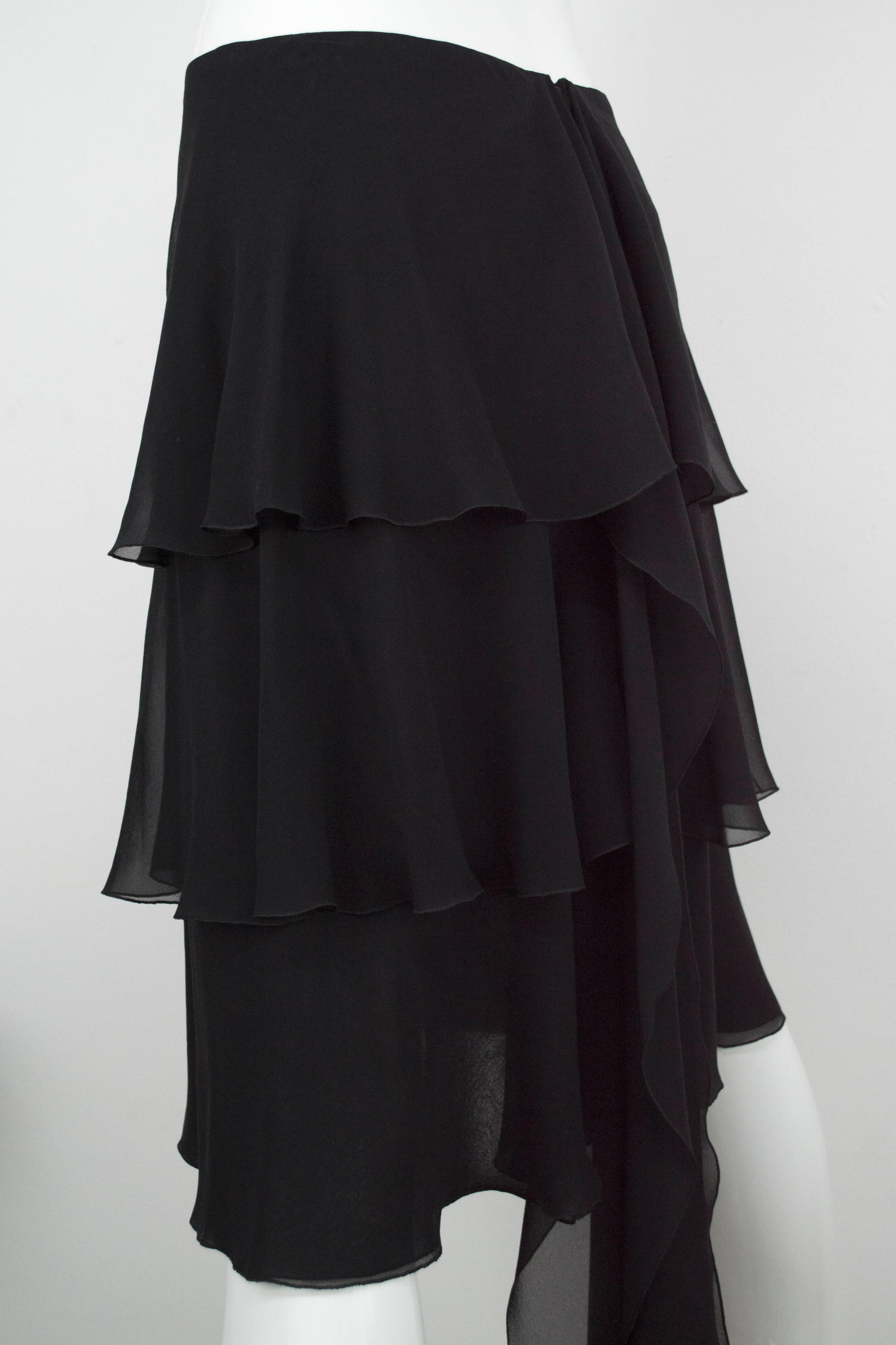 Chanel Black Chiffon Ruffle Train Skirt 38 For Sale 1