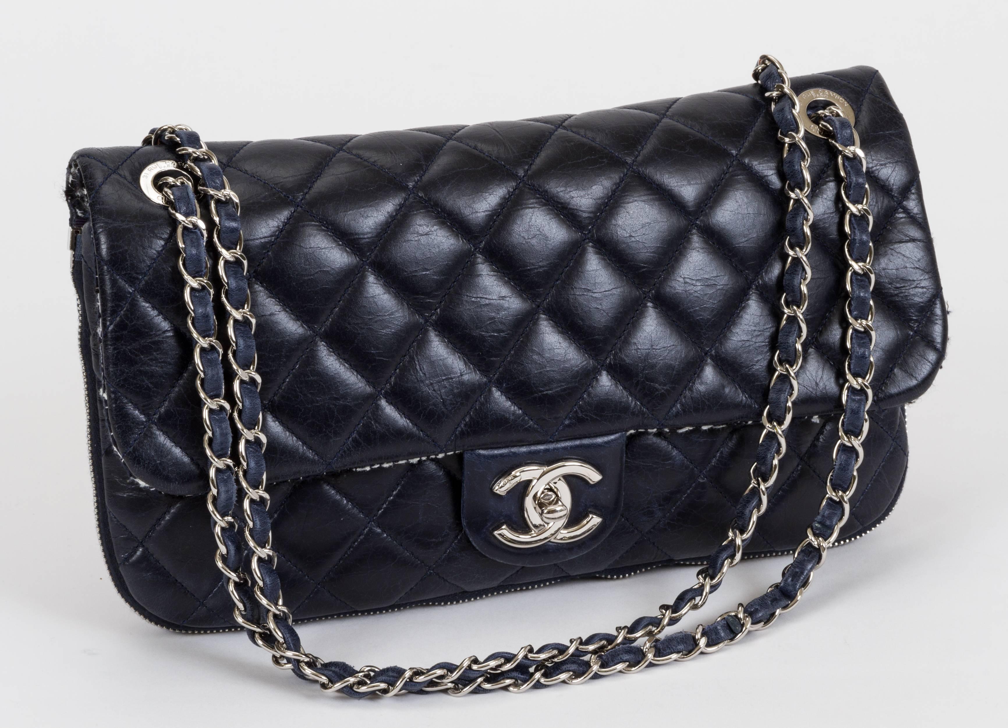 Black Chanel Navy Tweed Expandable Flap Bag