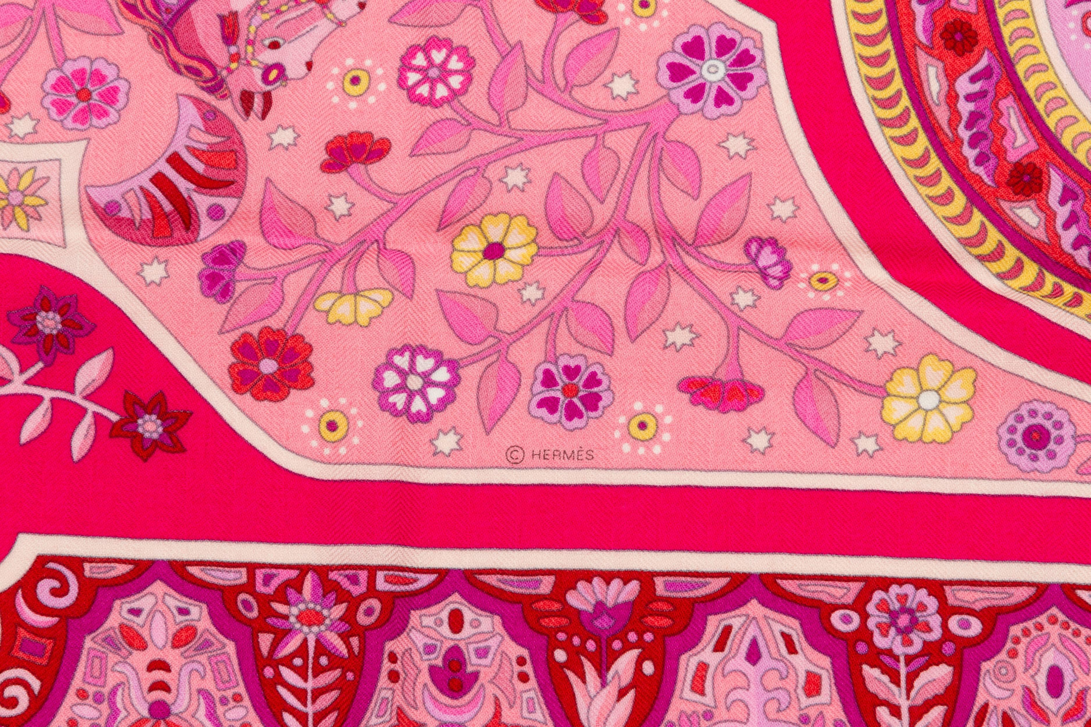 Women's Hermes Au Porte du Palais Pink Paisley Cashmere 55” Shawl With Box