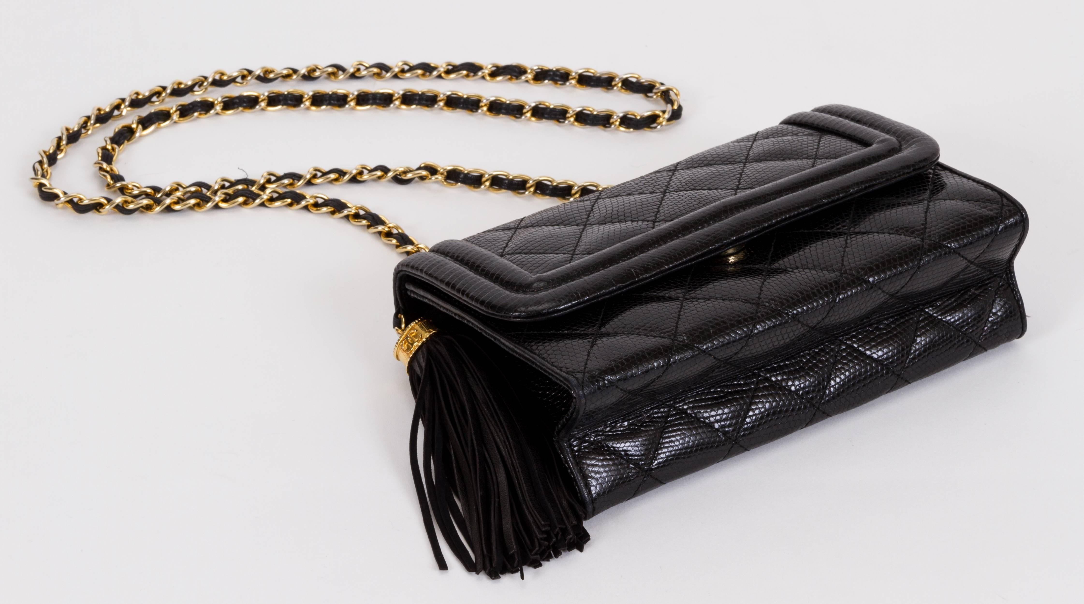 Women's Chanel Black Lizard Evening Tassel Bag