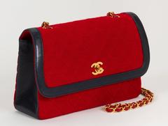 1980's Chanel Navy & Red Wool Flap Bag