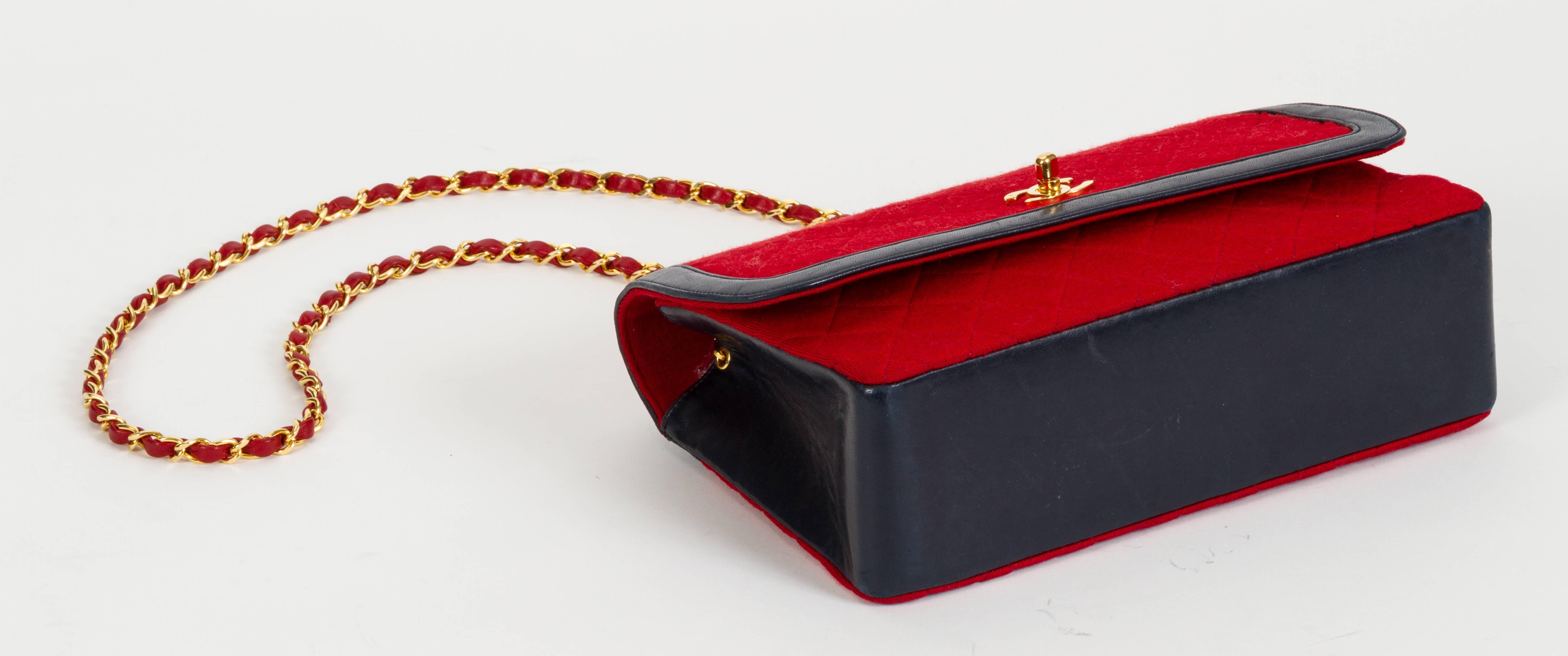 Women's 1980's Chanel Navy & Red Wool Flap Bag