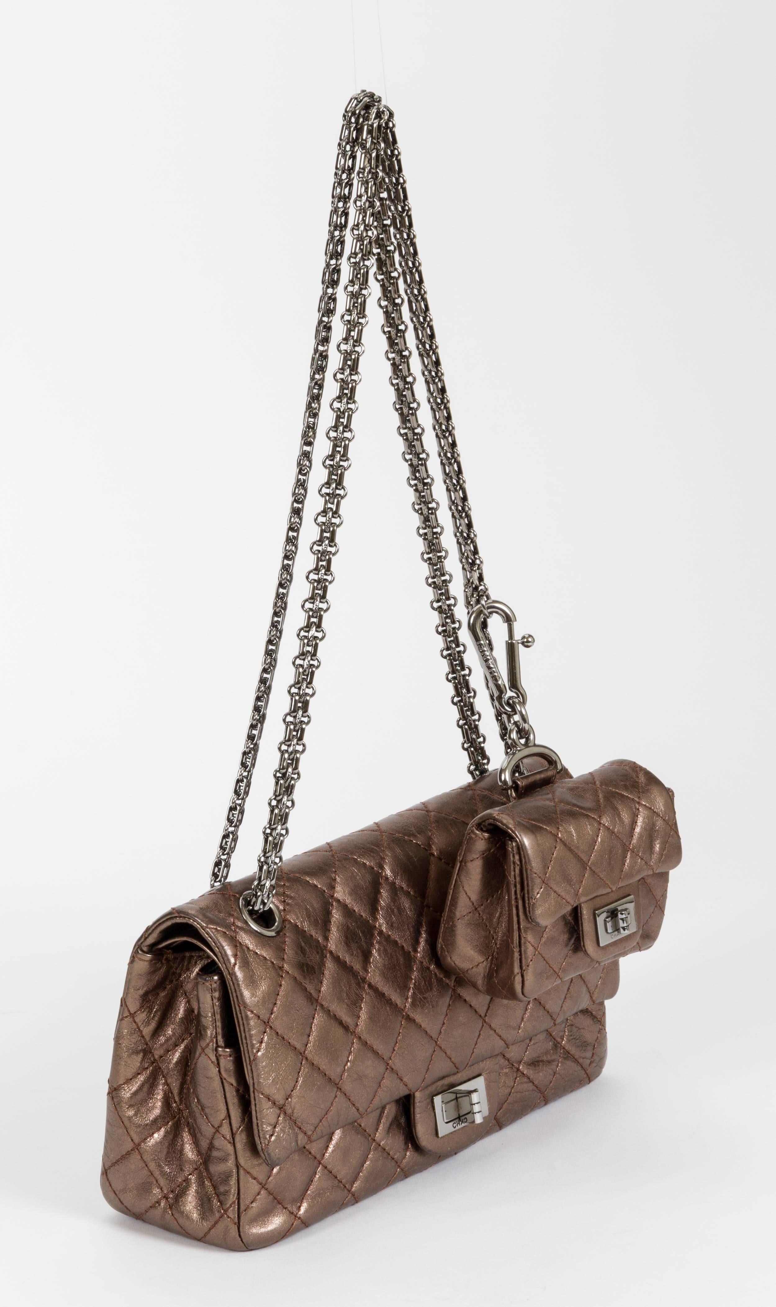 Chanel metallic bronze double-flap bag with detachable mini charm bag. Shoulder drop, 12