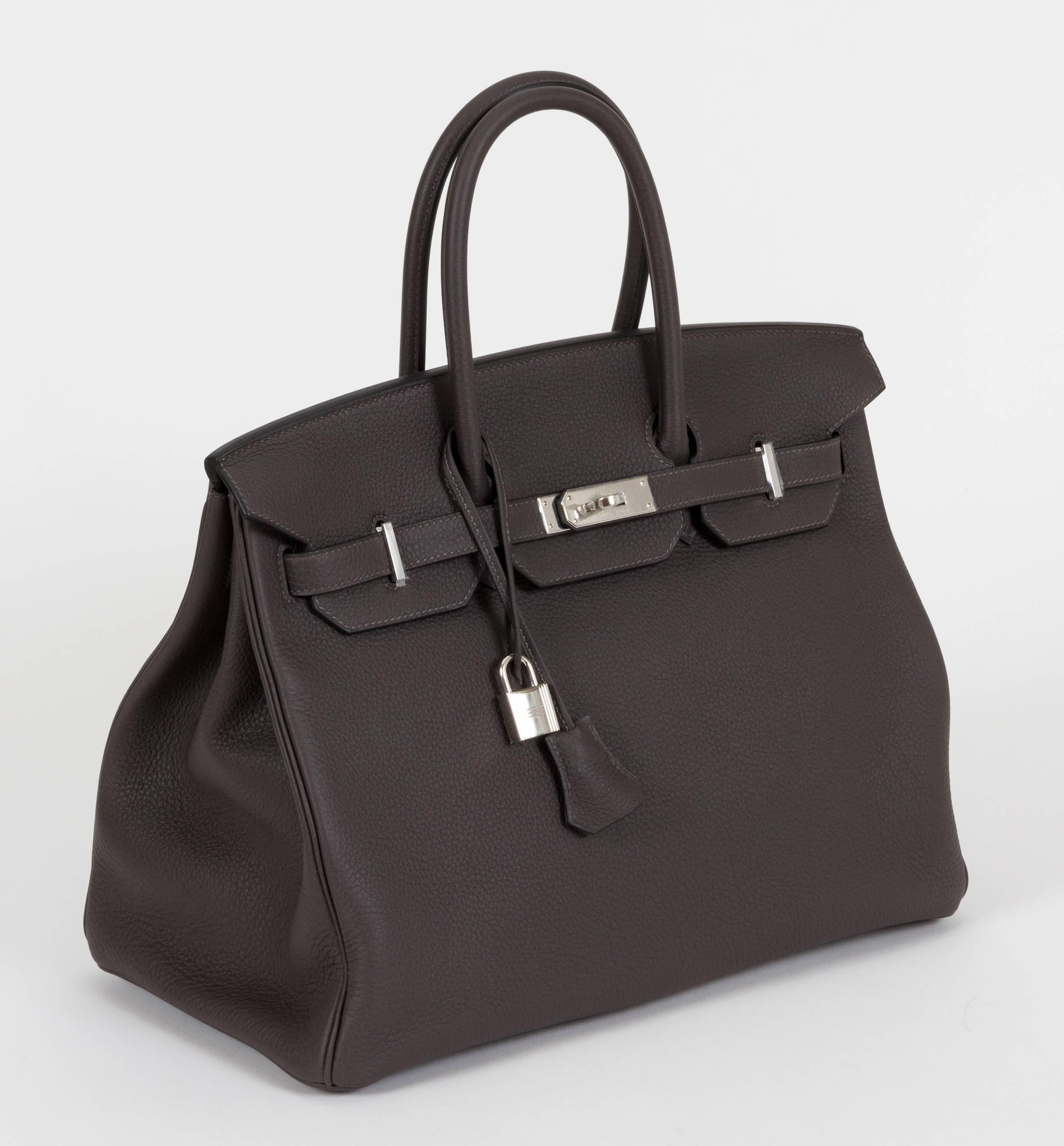 Hermès 35cm Birkin bag in etain togo leather and palladium hardware. Handle drop, 3