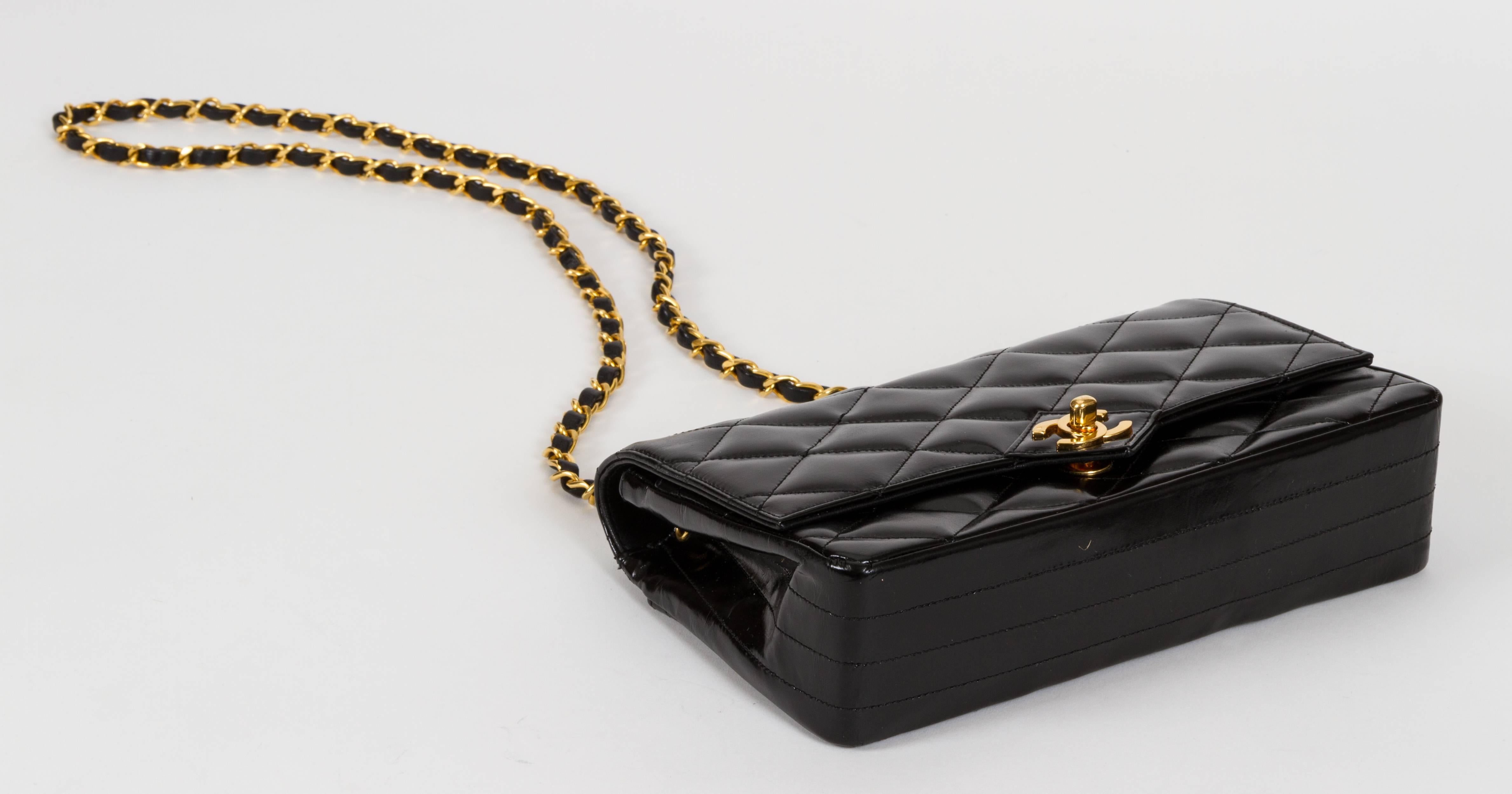 Women's 1990s Chanel Black Patent Classic Single Flap Bag