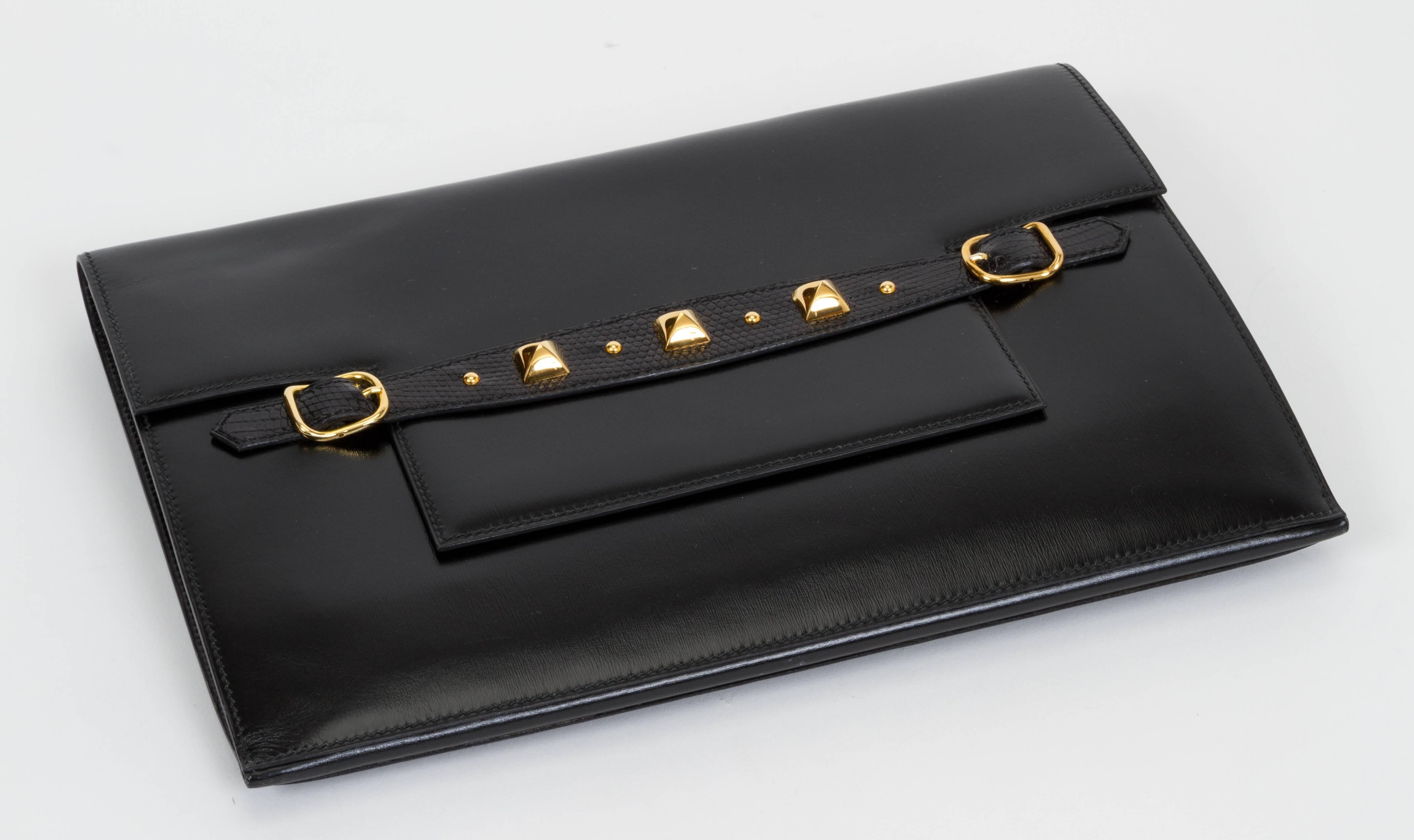 1984 Hermès Black Box Calf & Lizard Clutch Bag In Good Condition In West Hollywood, CA