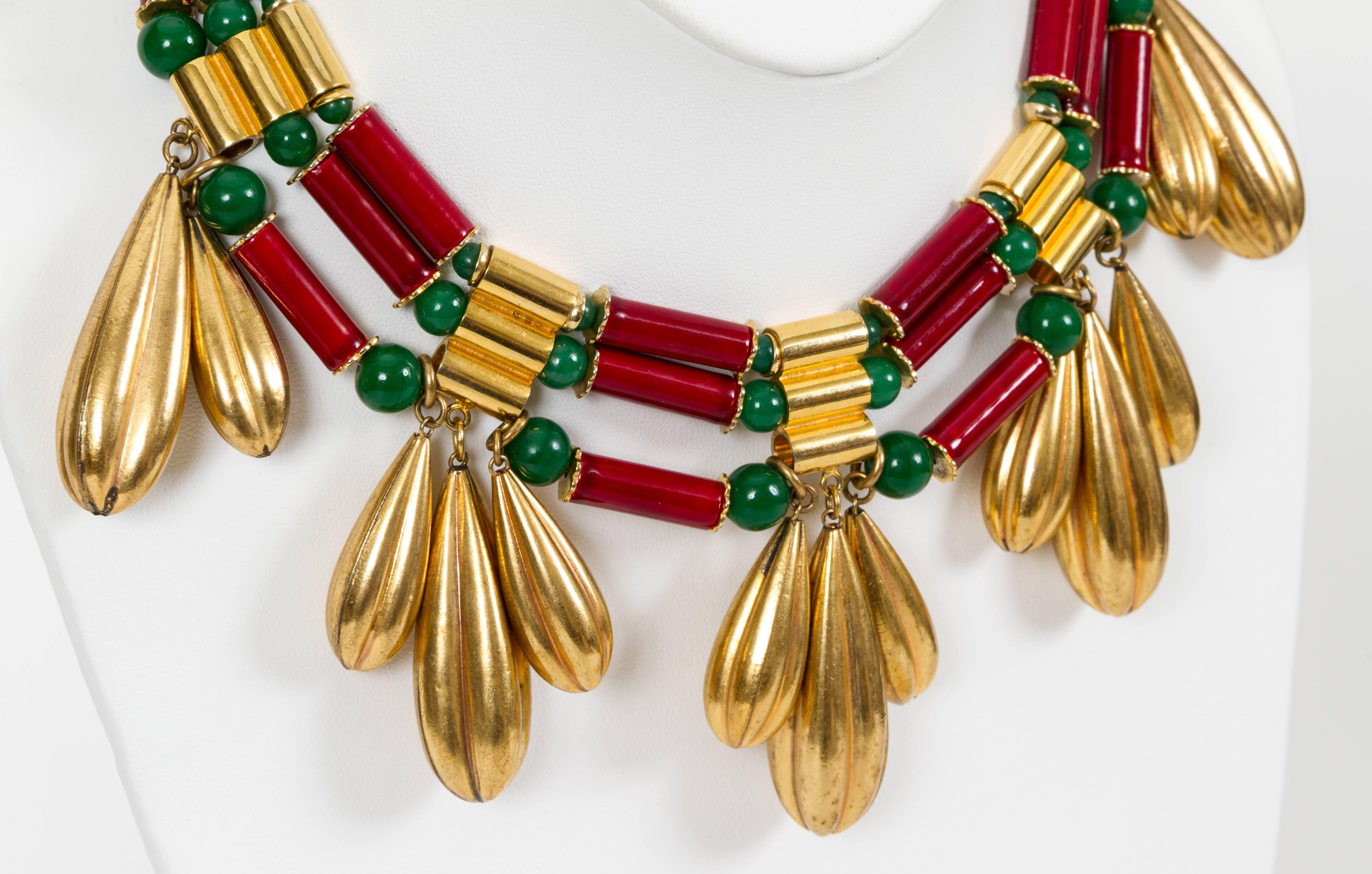 YSL Tribal Drop Gold Red Green Necklace In Good Condition In West Hollywood, CA