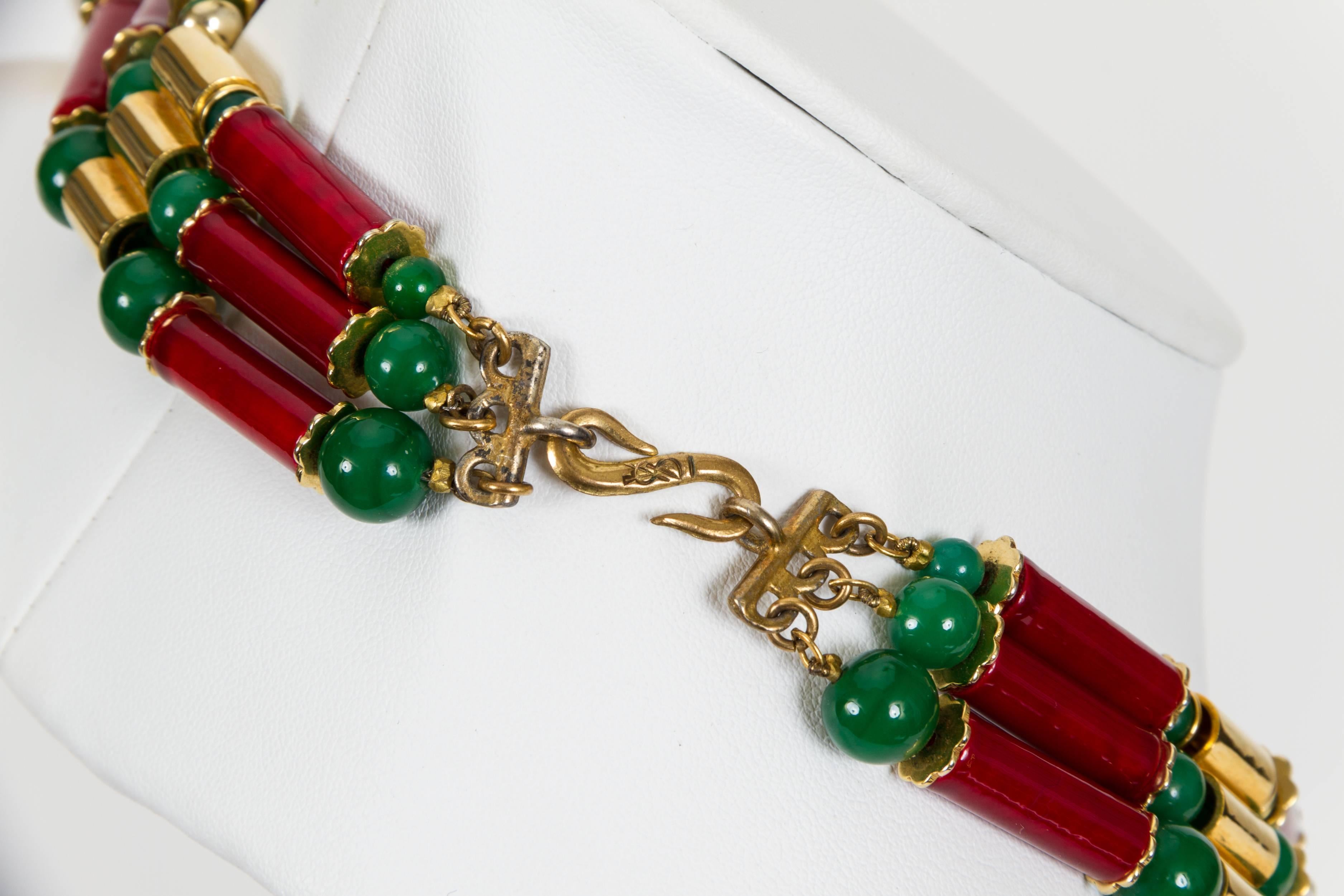 Women's or Men's YSL Tribal Drop Gold Red Green Necklace