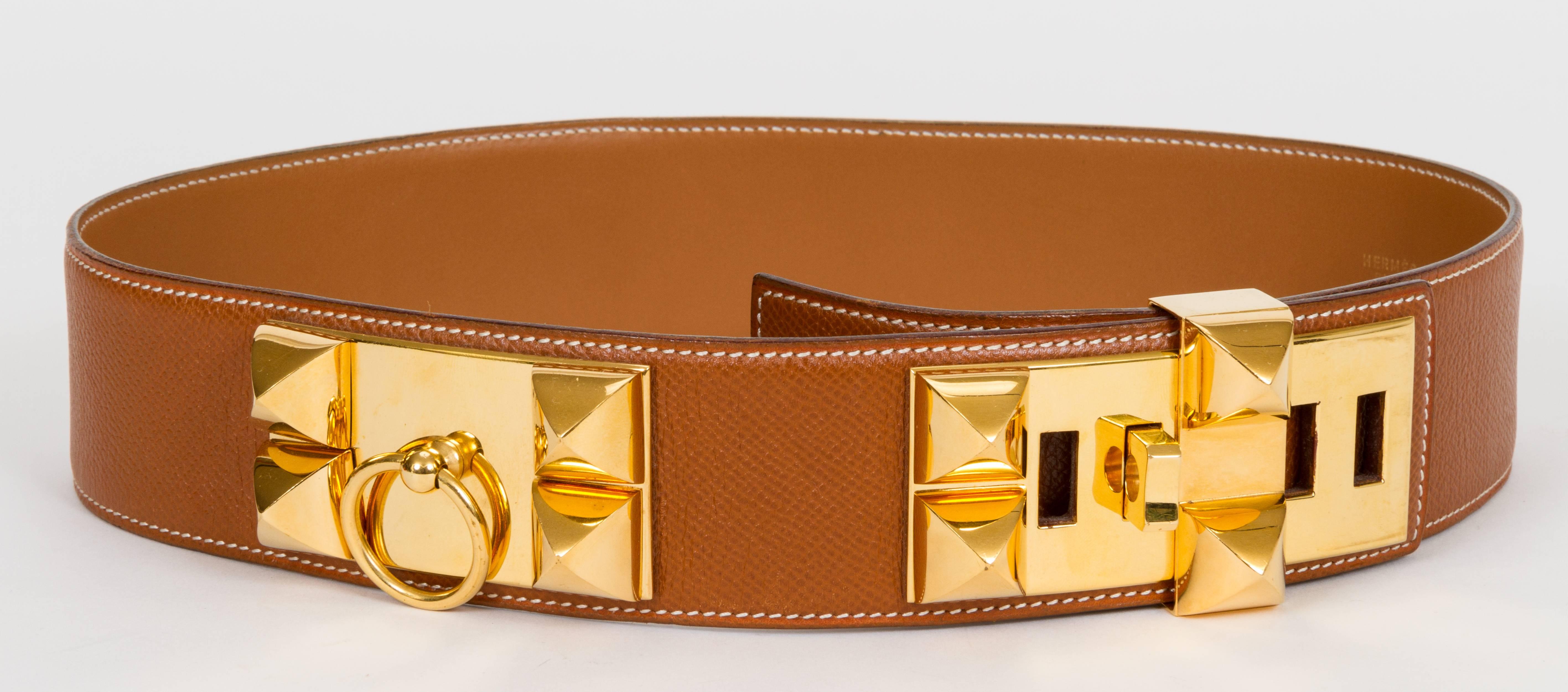 Hermès iconic Collier de Chien belt. Gold Epsom leather and gold rhodium hardware. Dated 