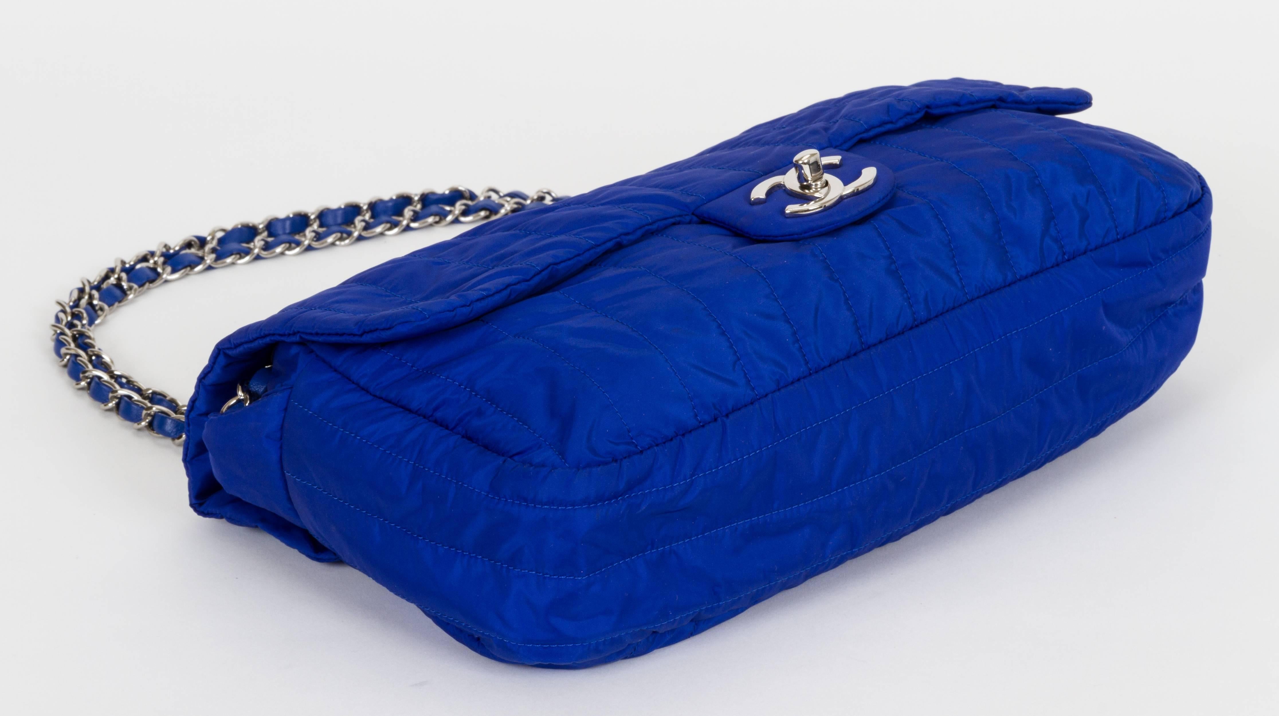 Chanel Electric Blue Nylon Jumbo Flap Bag In Excellent Condition In West Hollywood, CA