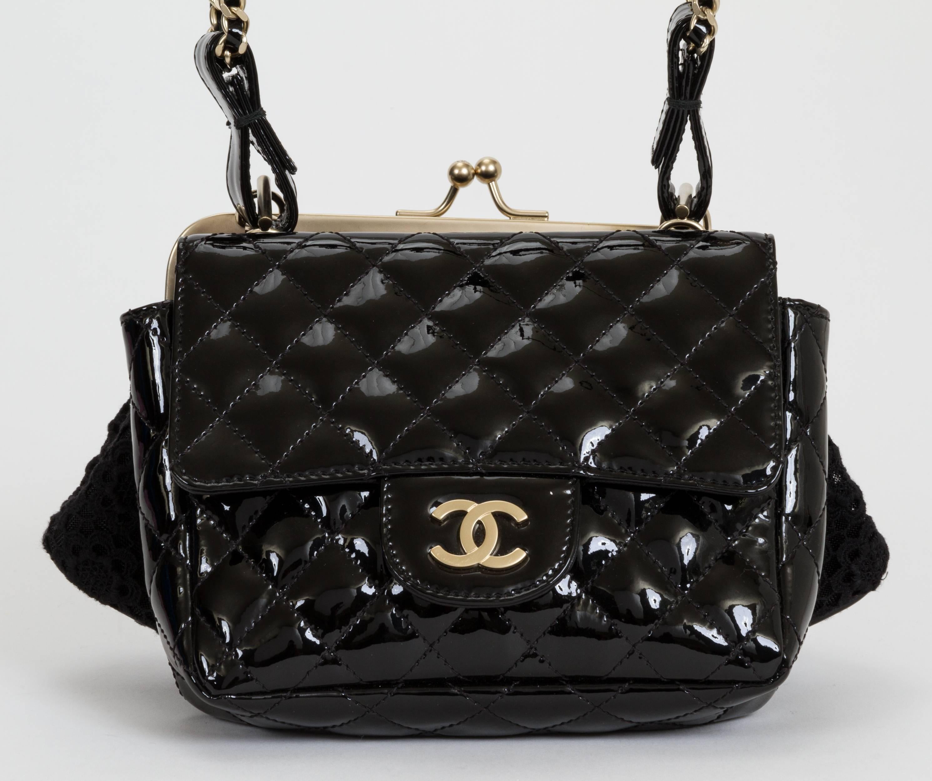 Chanel double-sided bag, lace kiss lock on one side, and black quilted classic flap patent on the other one. Shoulder drop, 13