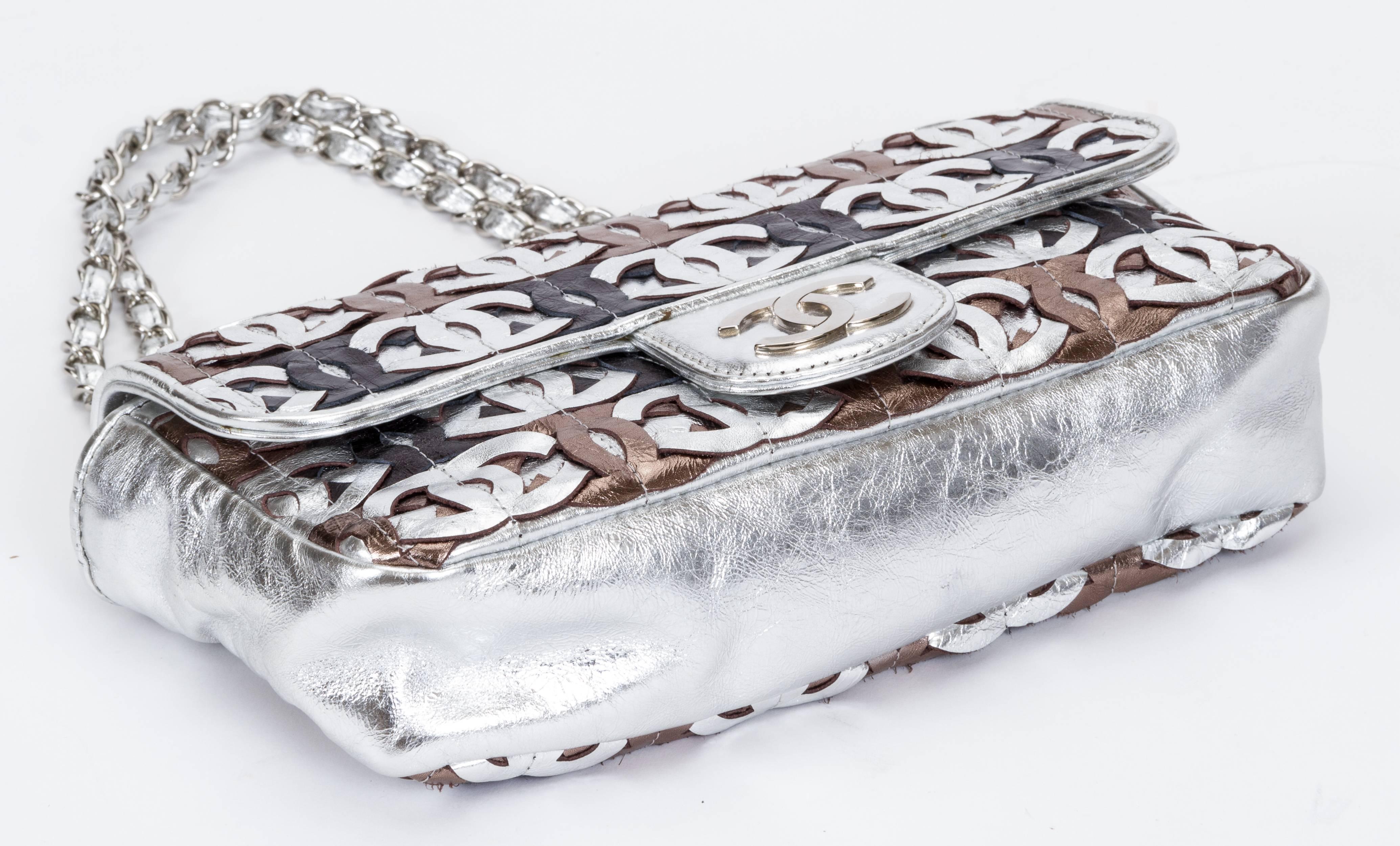 Women's Chanel Silver Metallic Logo Evening Bag