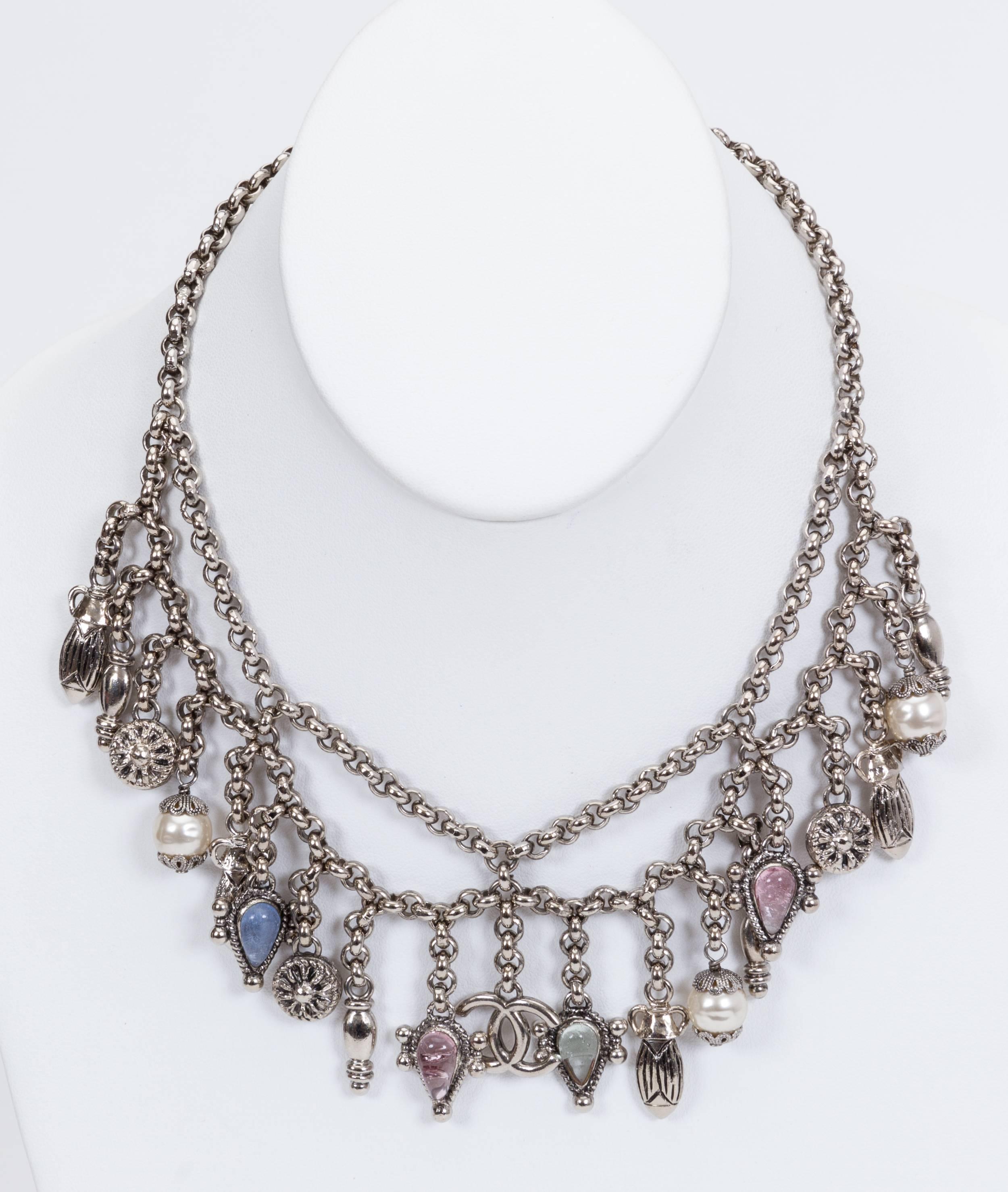 Women's or Men's Rare Chanel Silver Gripoix Necklace Earrings Set, 1998