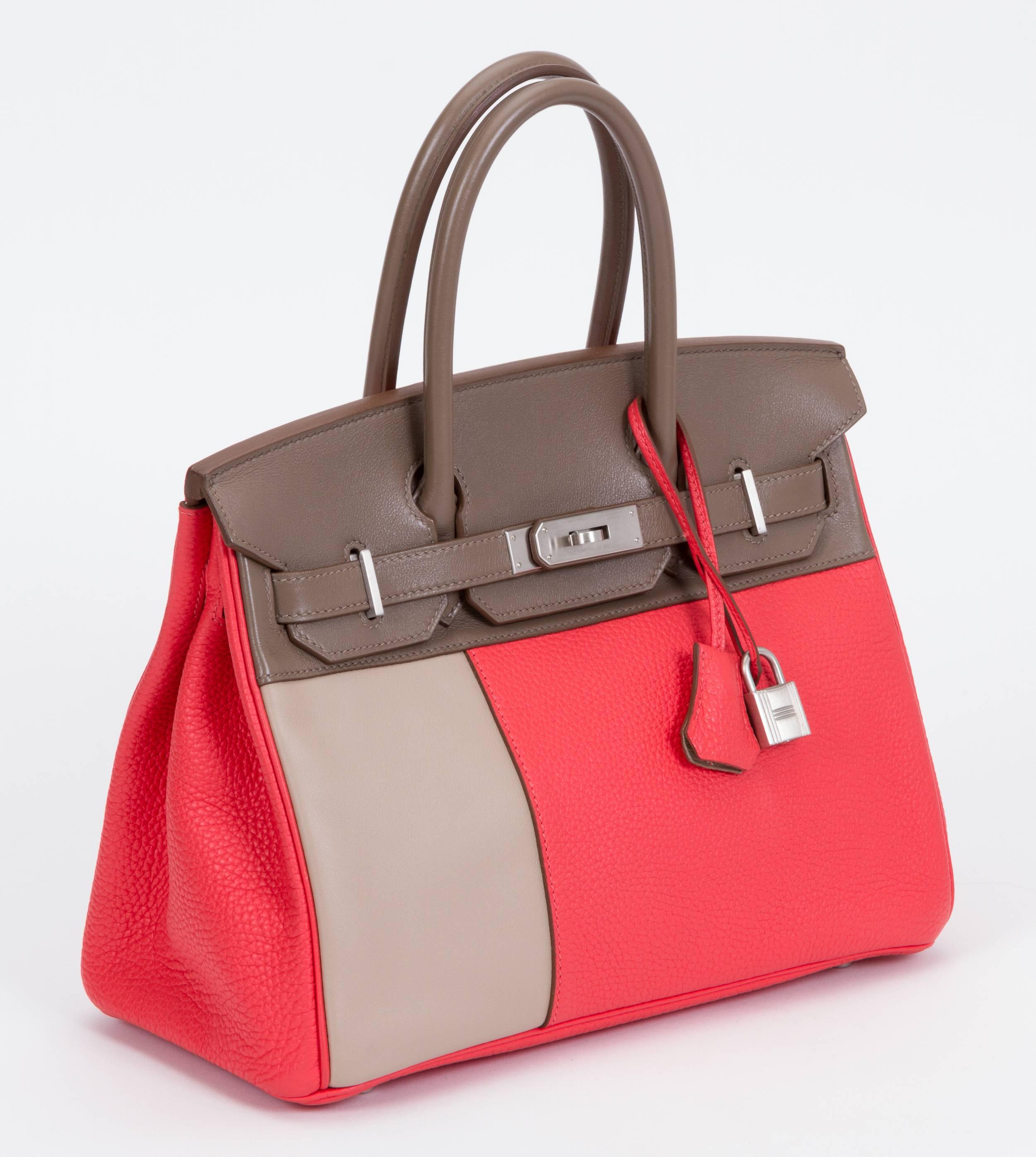 Hermès collectible and rare Birkin bag, 30cm, horseshoe limited edition. Rose Jaipur clemence leather, argyle swift and etain swift leather, satin palladium hardware. Excellent condition. P stamp, 2012. Handle drop, 4
