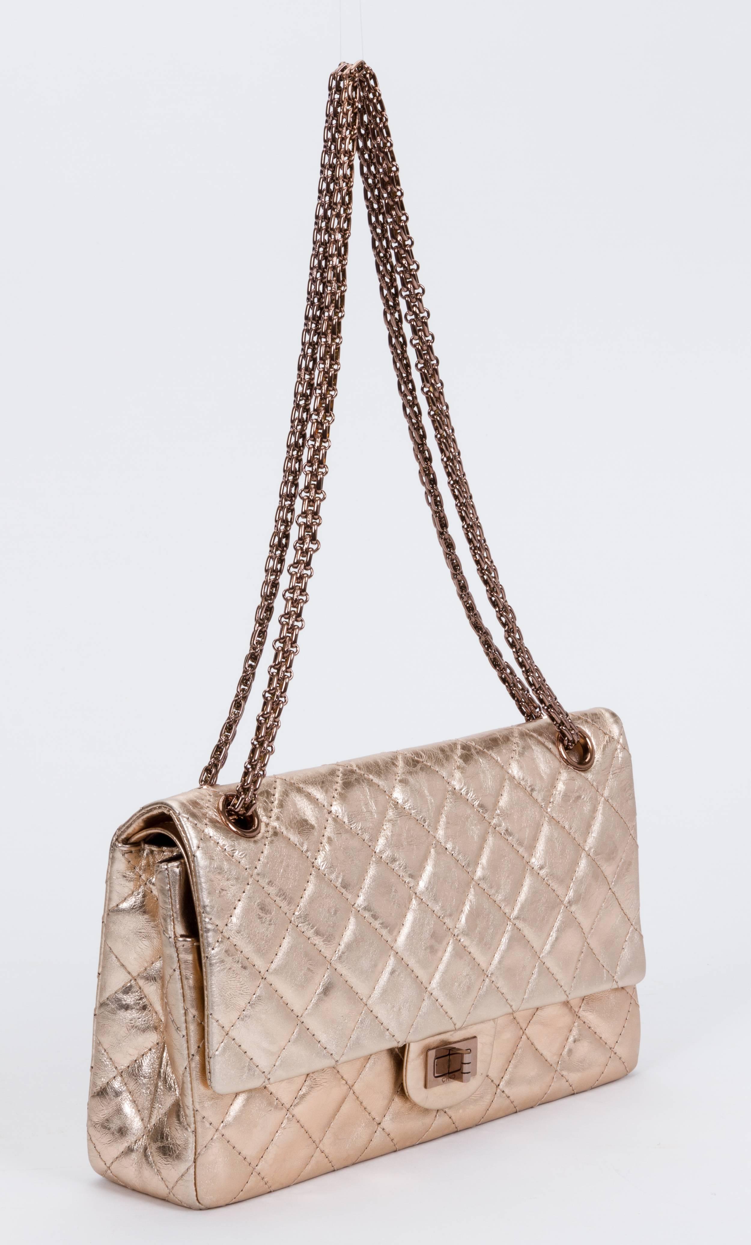 Chanel authentic rare maxi double flap, reissue collection. Gold metallic distressed leather and thick gold mademoiselle chain. Collection 2008/2009. Original store price $6,600. Shoulder drop 11