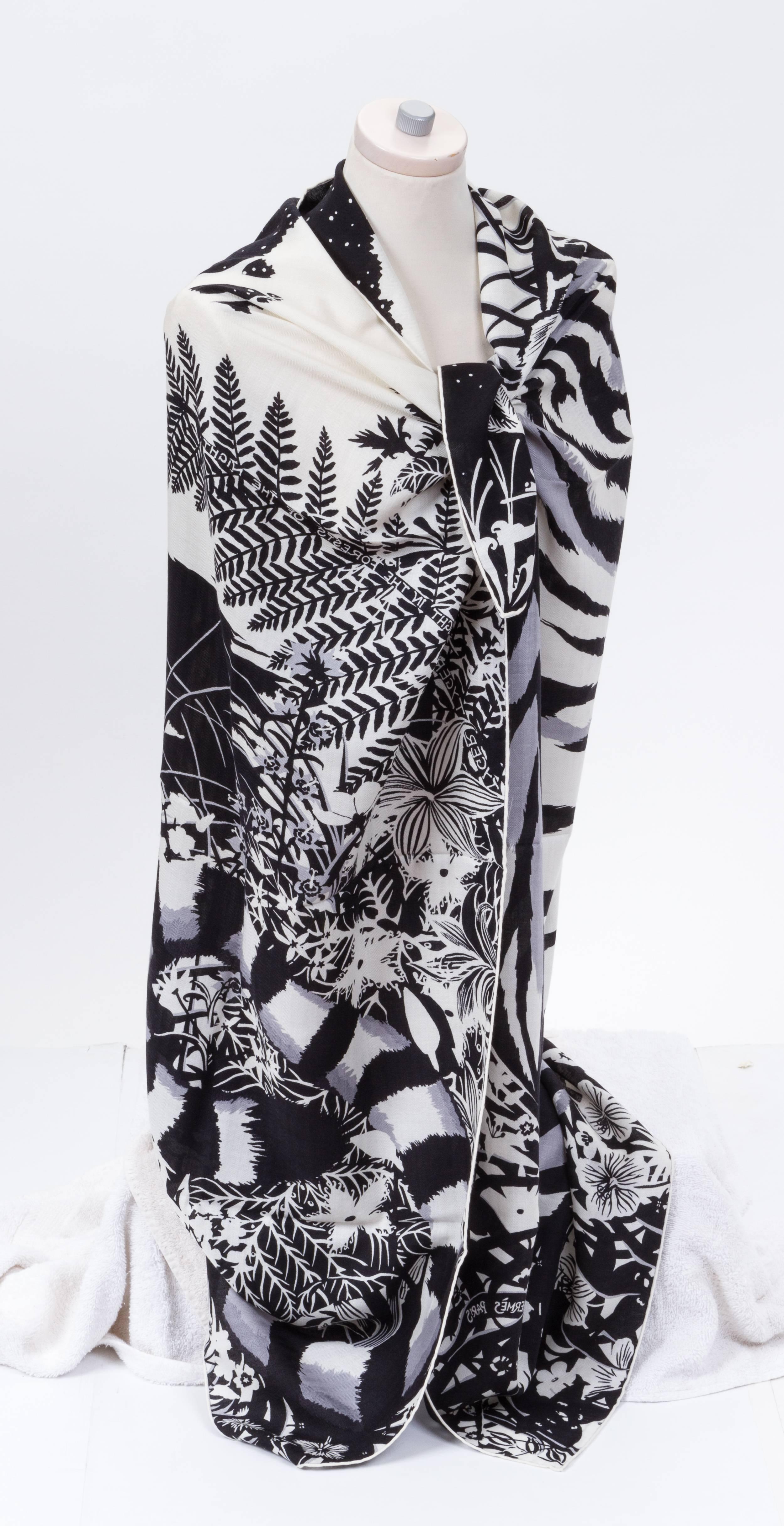 Hermes black and white new in box silk/cashmere Tyger shawl. Hand rolled edges. Comes in original box with ribbon.