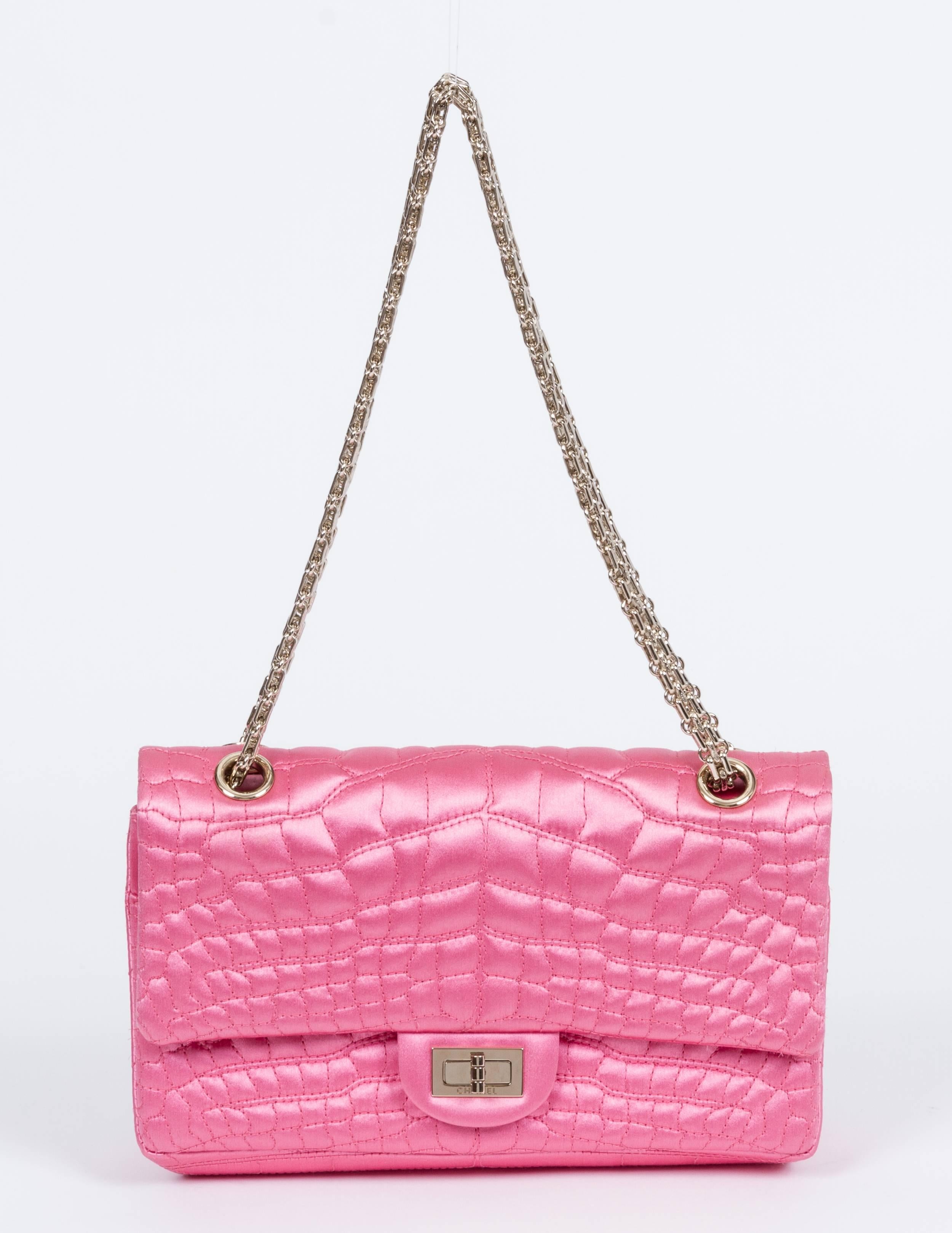 Chanel mint pink silk embossed croc double flap. Interior mirror . Shoulder drop 11