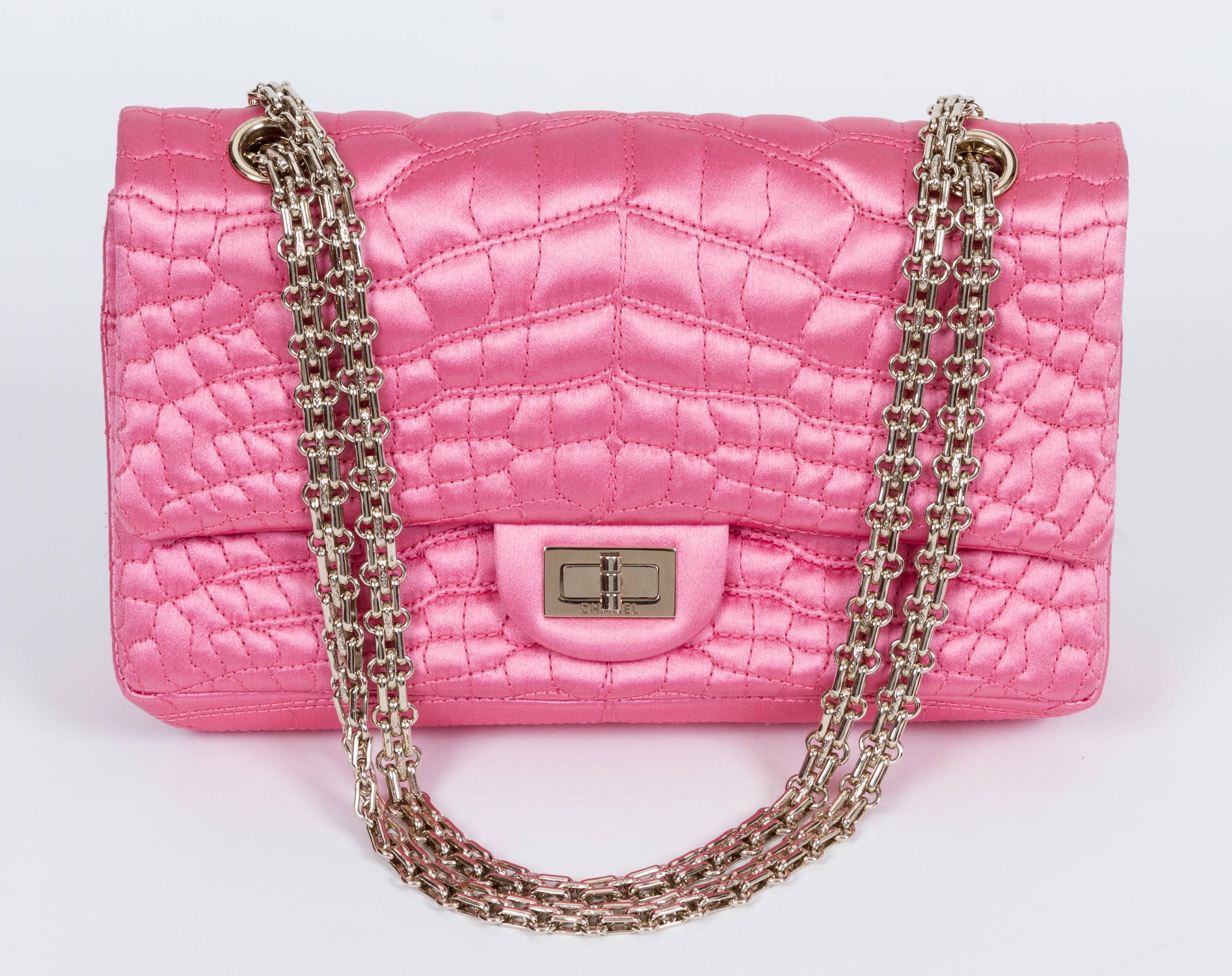 Black Chanel Pink Satin Silk Croc Embossed Double Flap Bag