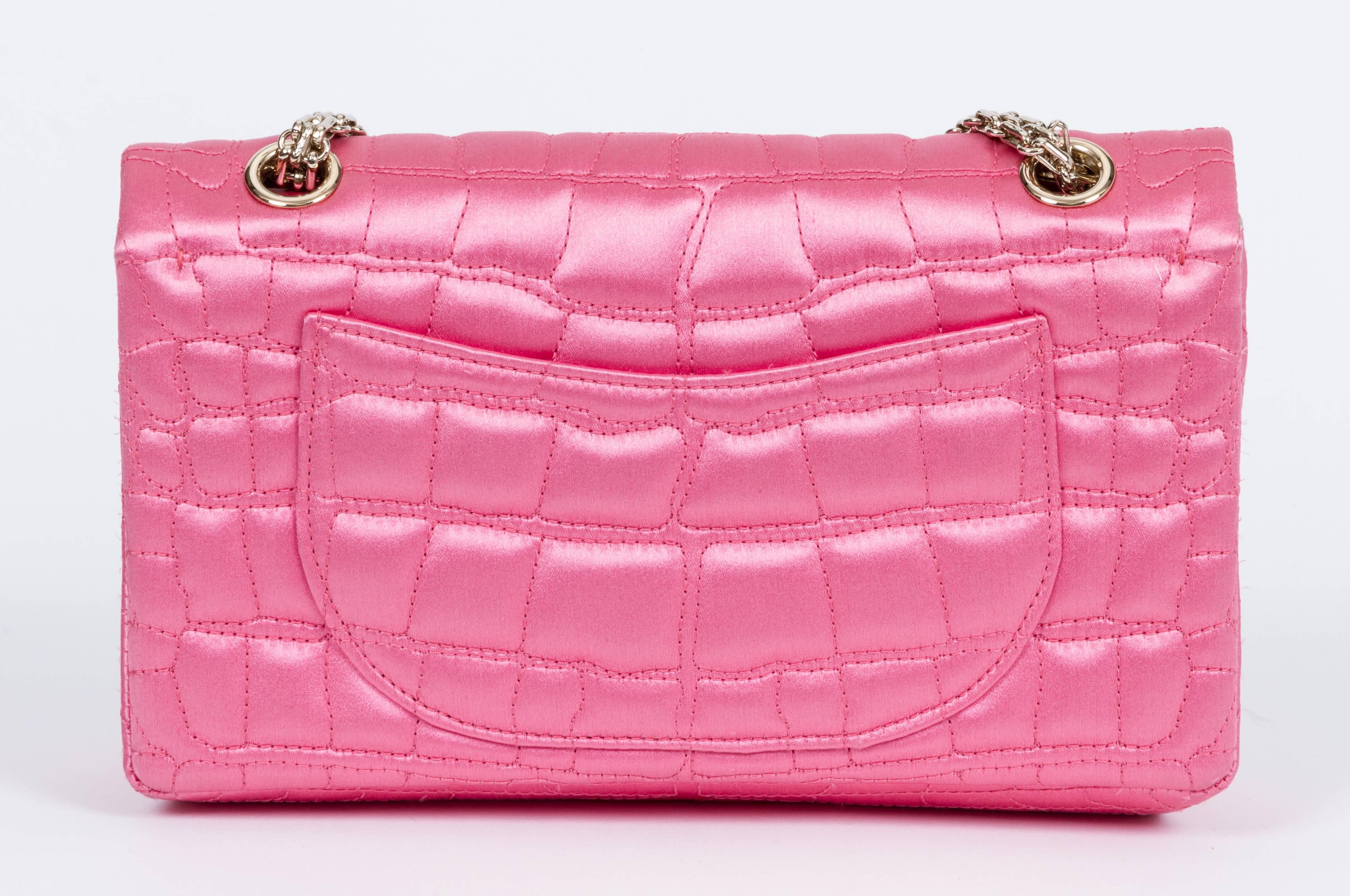 Chanel Pink Satin Silk Croc Embossed Double Flap Bag In Excellent Condition In West Hollywood, CA