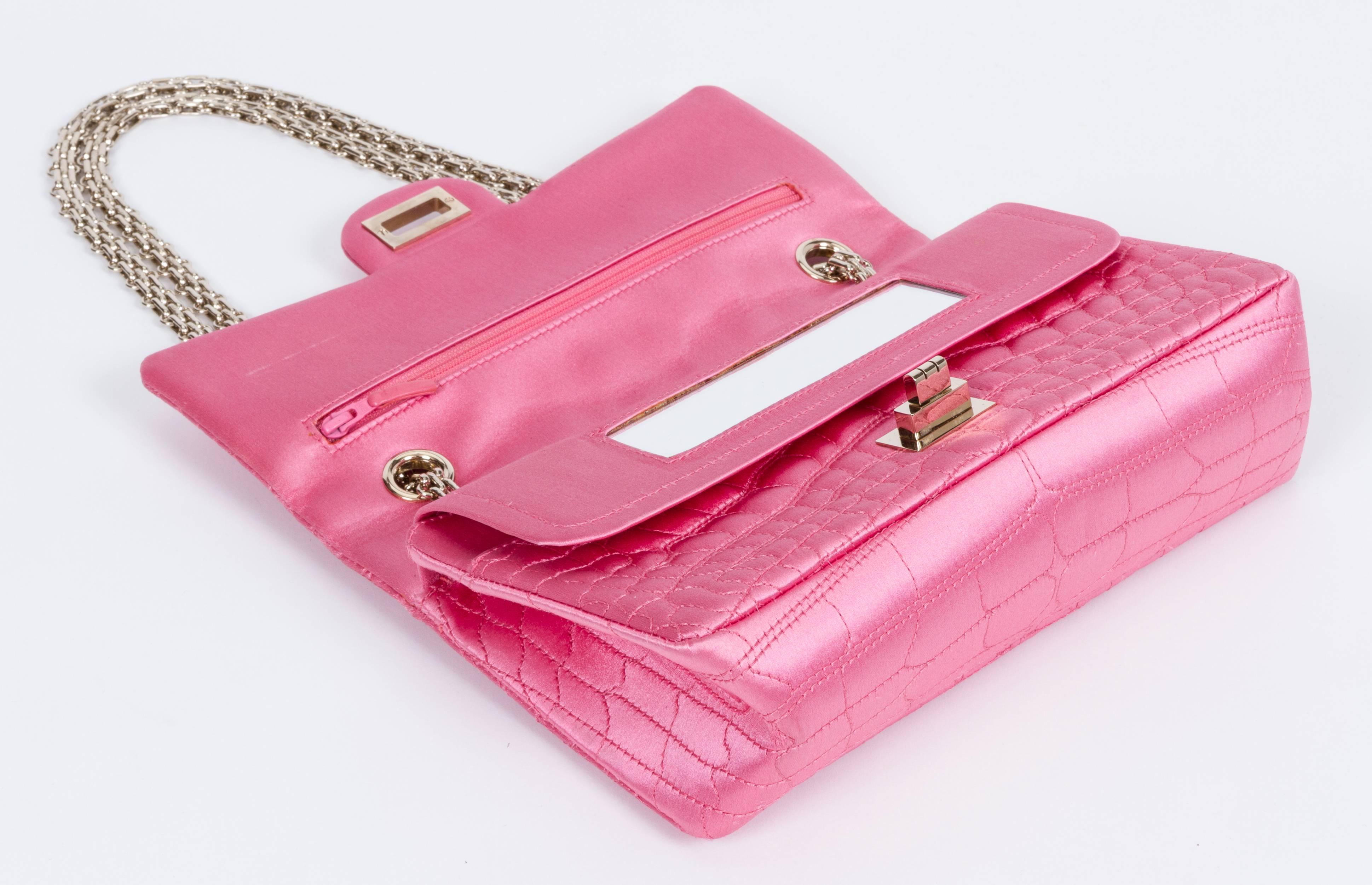 Women's Chanel Pink Satin Silk Croc Embossed Double Flap Bag