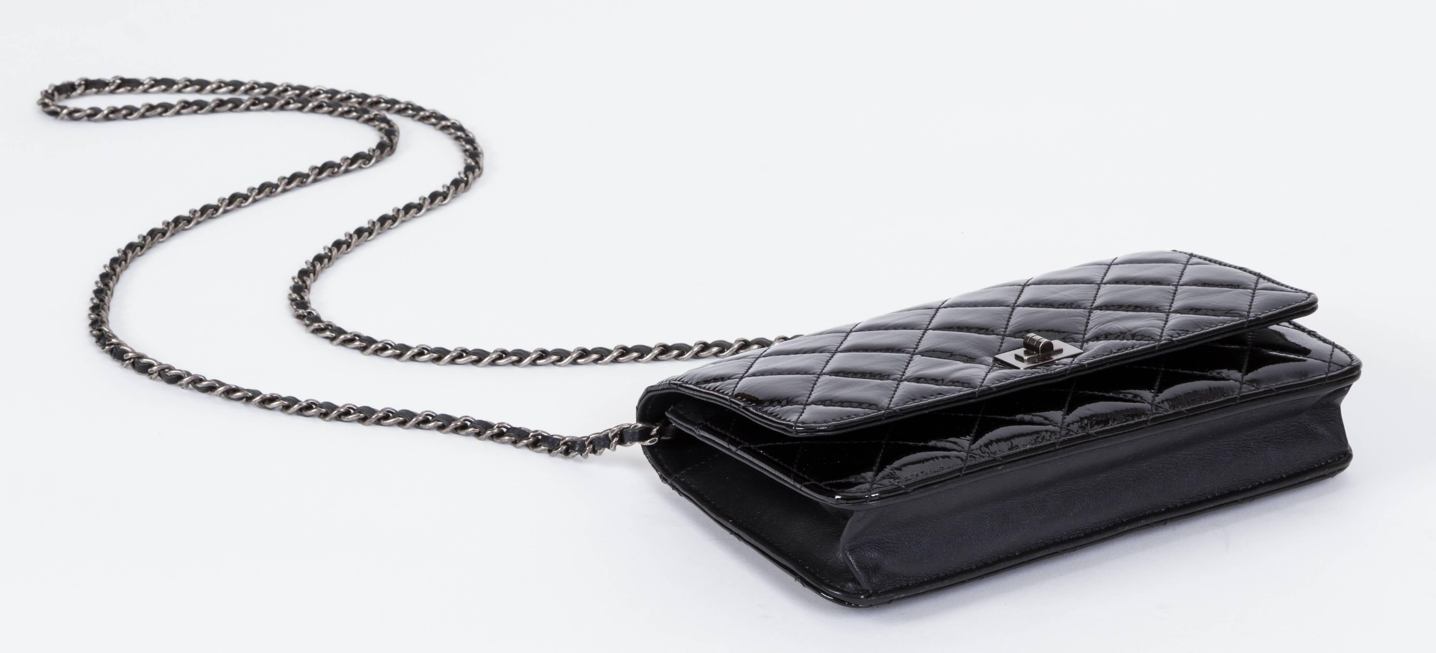 Women's Chanel Black Patent Wallet on a Chain Cross Body Bag
