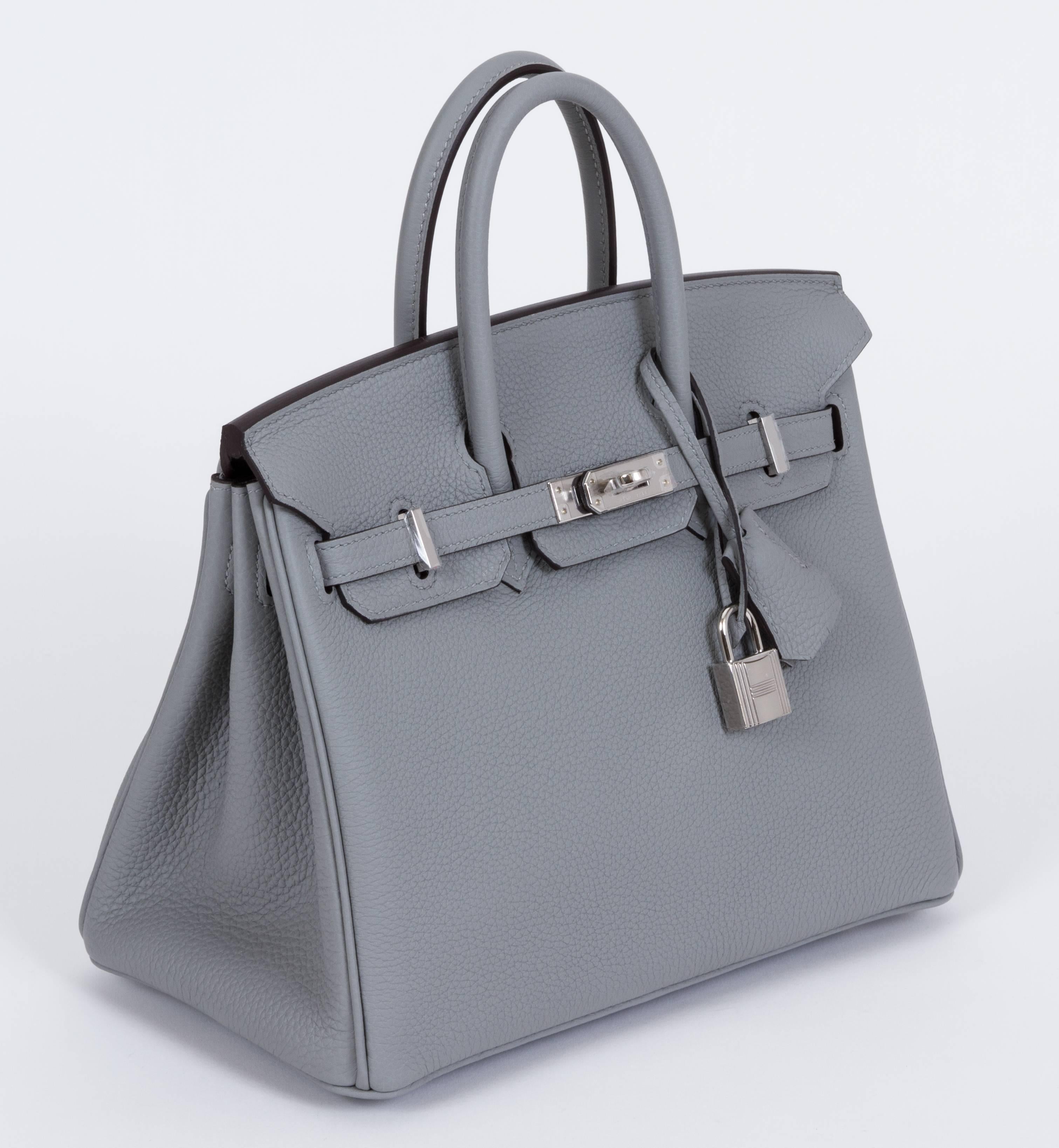 Hermes authentic brand new in box rare Birkin 25cm Gris mouette Togo leather with palladium hardware. Most coveted color and size , very hard to get. Date stamp X for 2016. Measurements 10