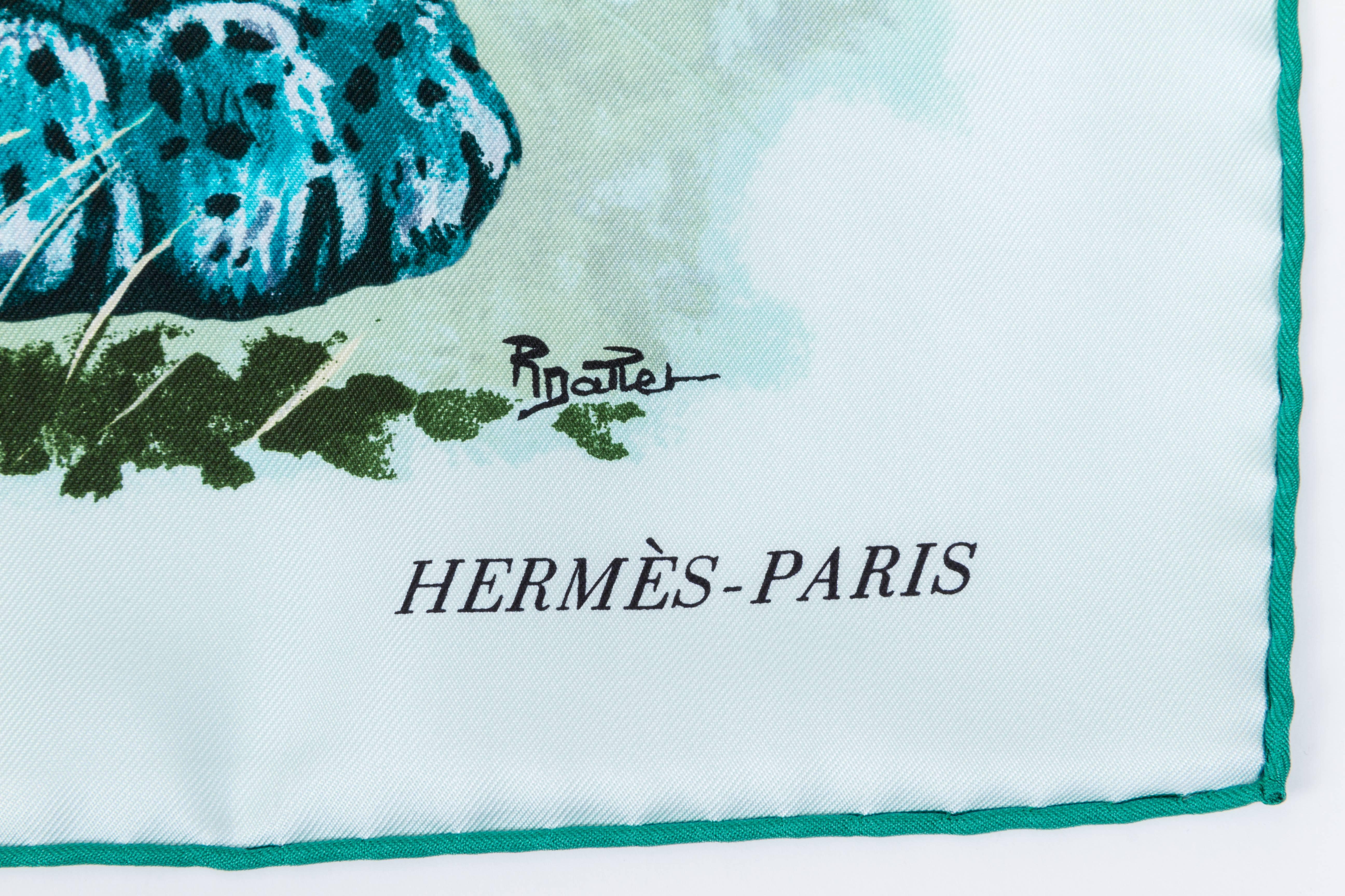 Hermes silk twill Panther scarf in the original box with ribbon. Designed by Dallet. Hand rolled edges. Excellent condition. 