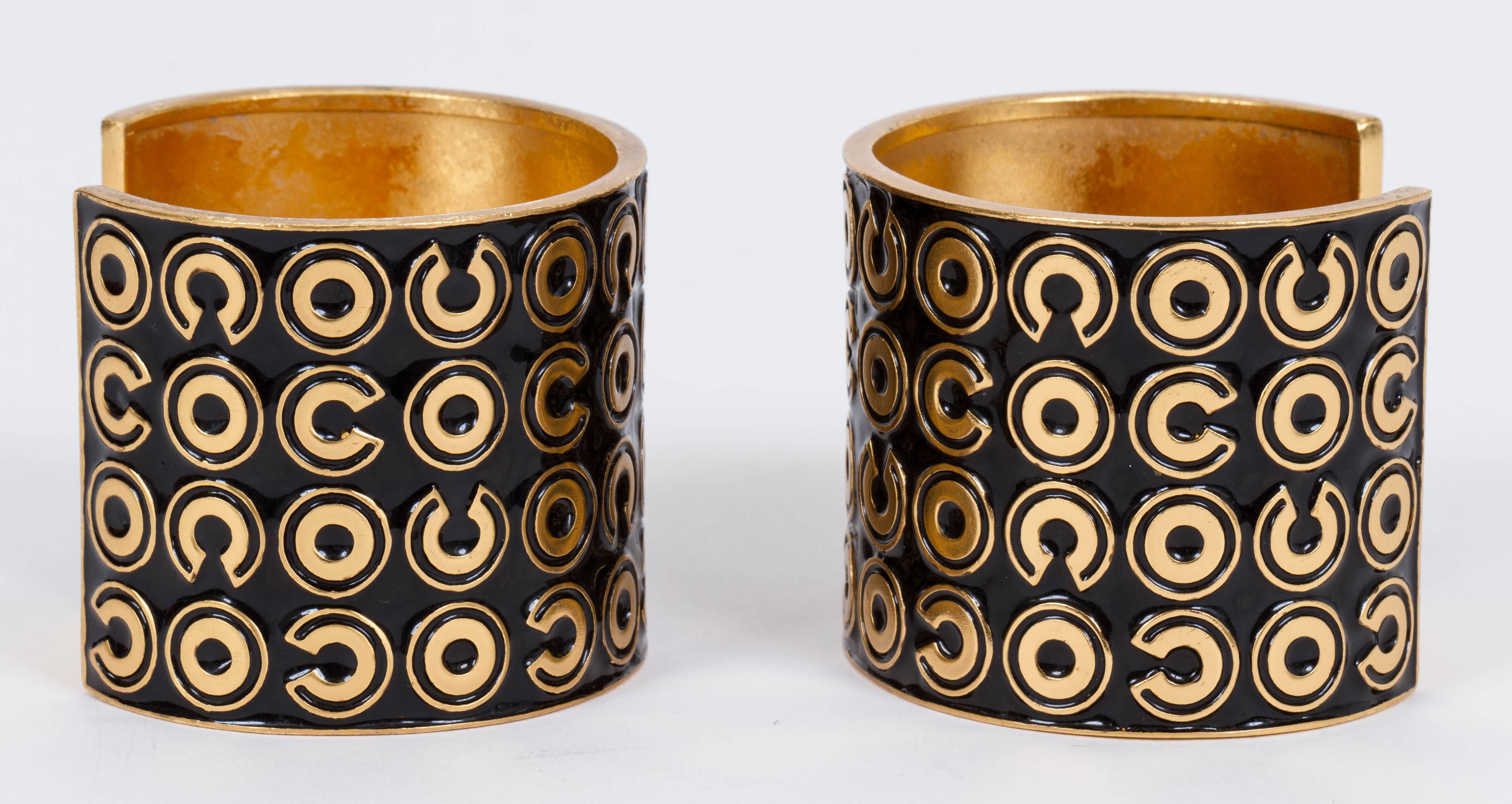Chanel Pair of Black/Gold Cuff Bracelets In Excellent Condition In West Hollywood, CA
