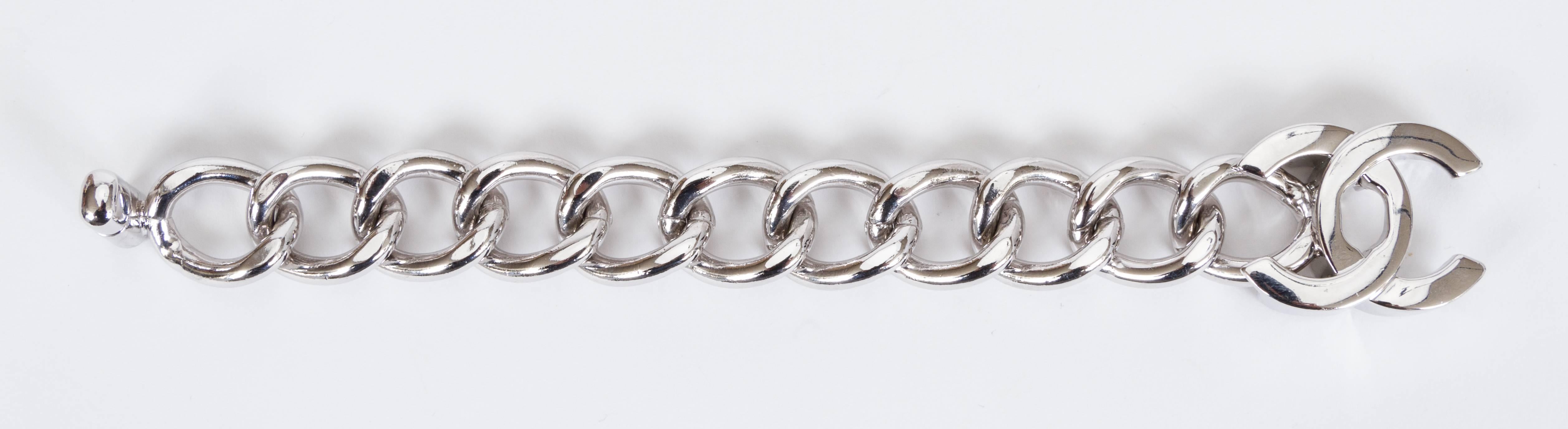Chanel Turn Lock Silver Logo Bracelet In Excellent Condition In West Hollywood, CA
